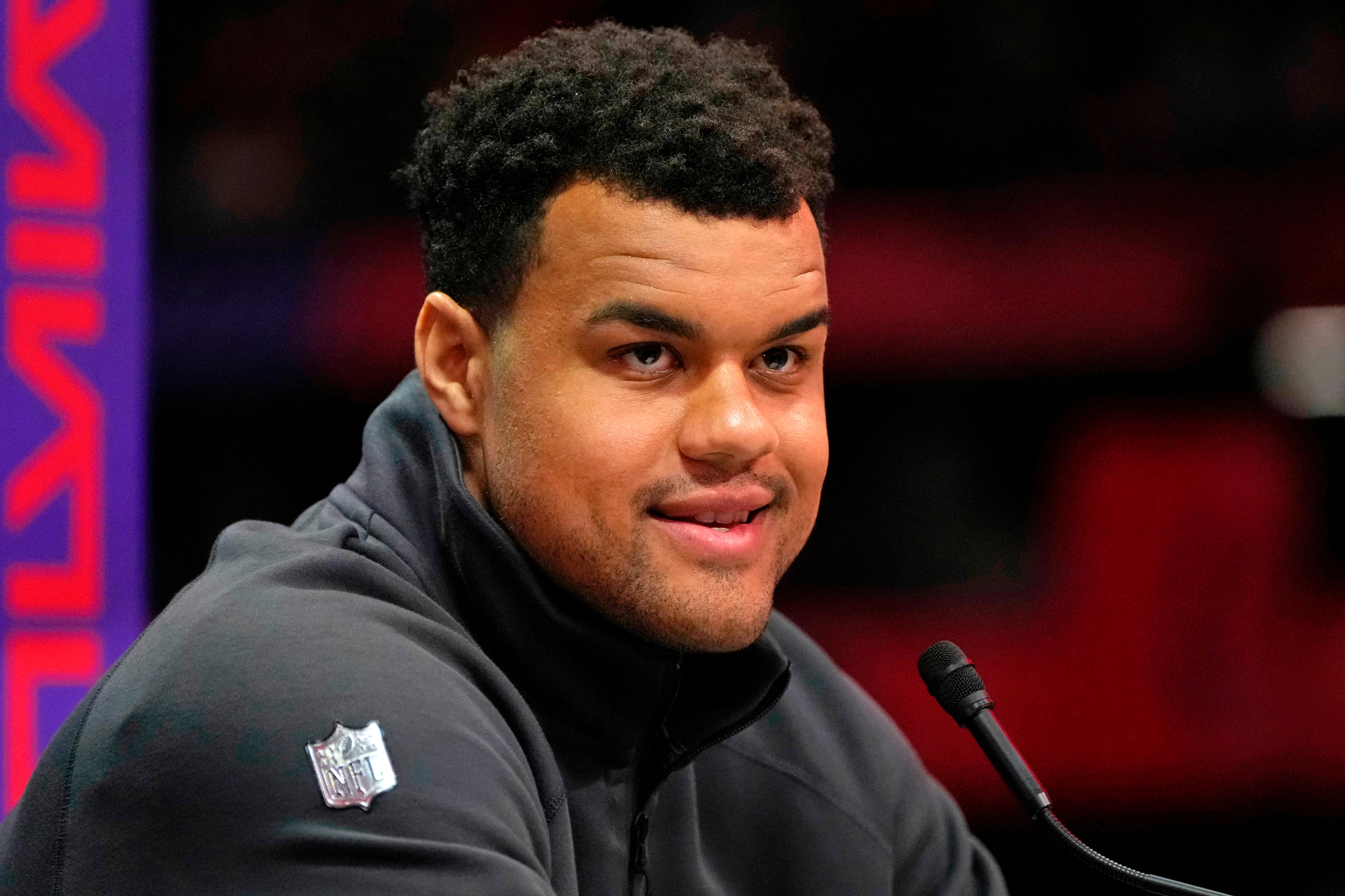 Feb 5, 2024; Las Vegas, NV, USA; San Francisco 49ers defensive end Arik Armstead (91) talks to the media during Super Bowl LVIII Opening Night at Allegiant Stadium.