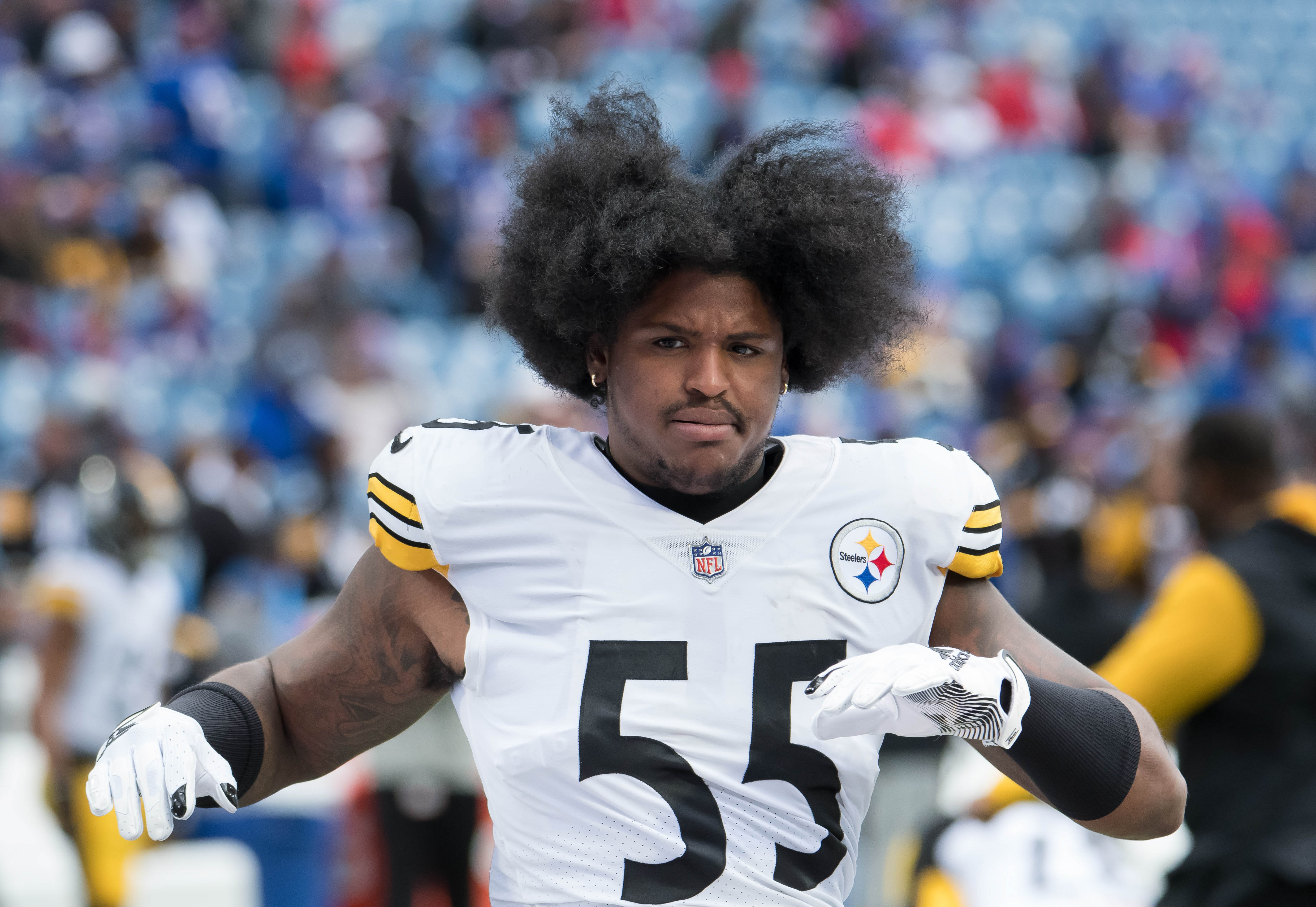 Oct 9, 2022; Orchard Park, New York, USA; Pittsburgh Steelers linebacker Devin Bush (55) warms up before a game against the Buffalo Bills at Highmark Stadium. Mandatory Credit: Mark Konezny-USA TODAY Sports  