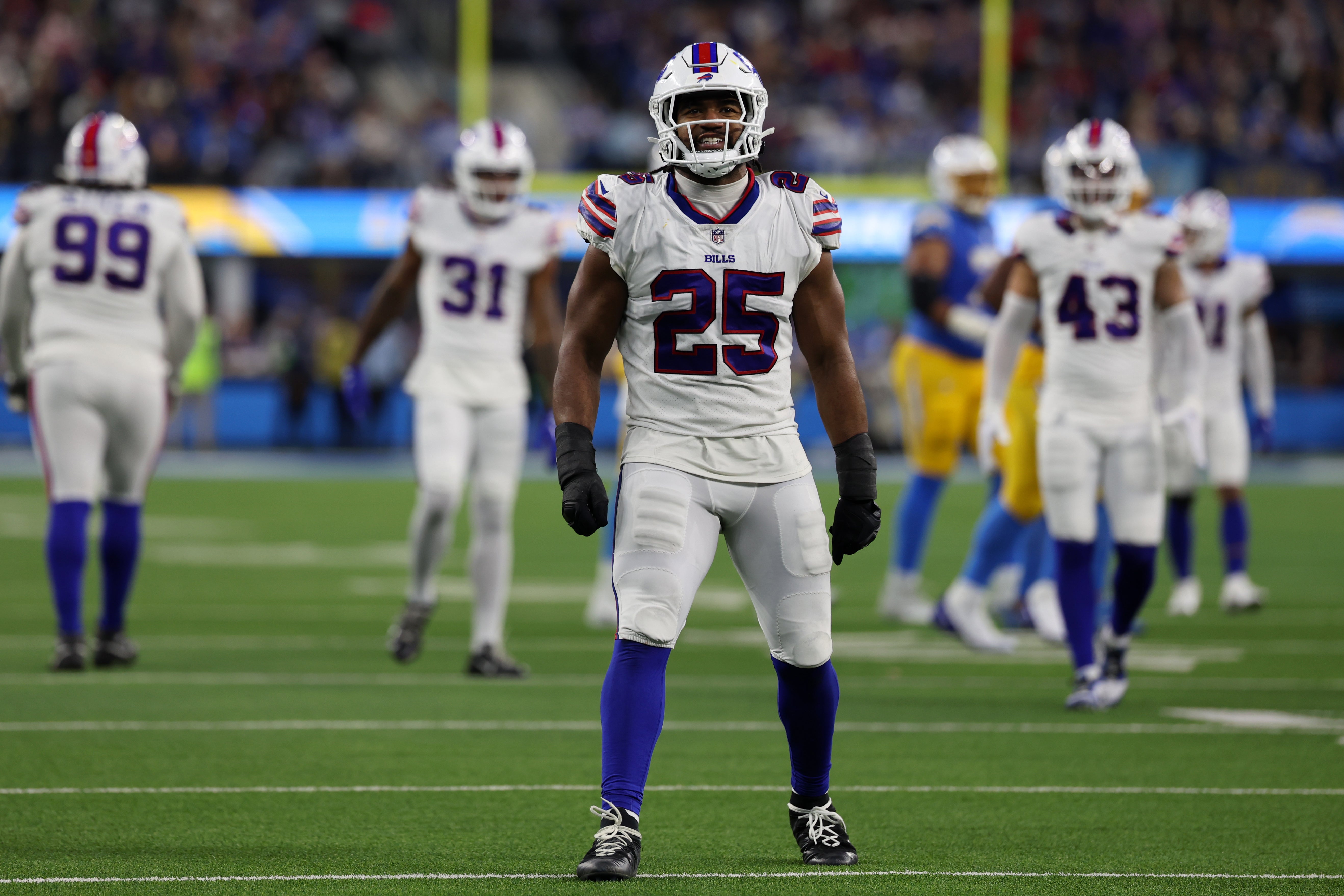 Dec 23, 2023; Inglewood, California, USA; Buffalo Bills linebacker Tyrel Dodson (25) reacts after making a defensive stop during the first half against the Los Angeles Chargers at SoFi Stadium.