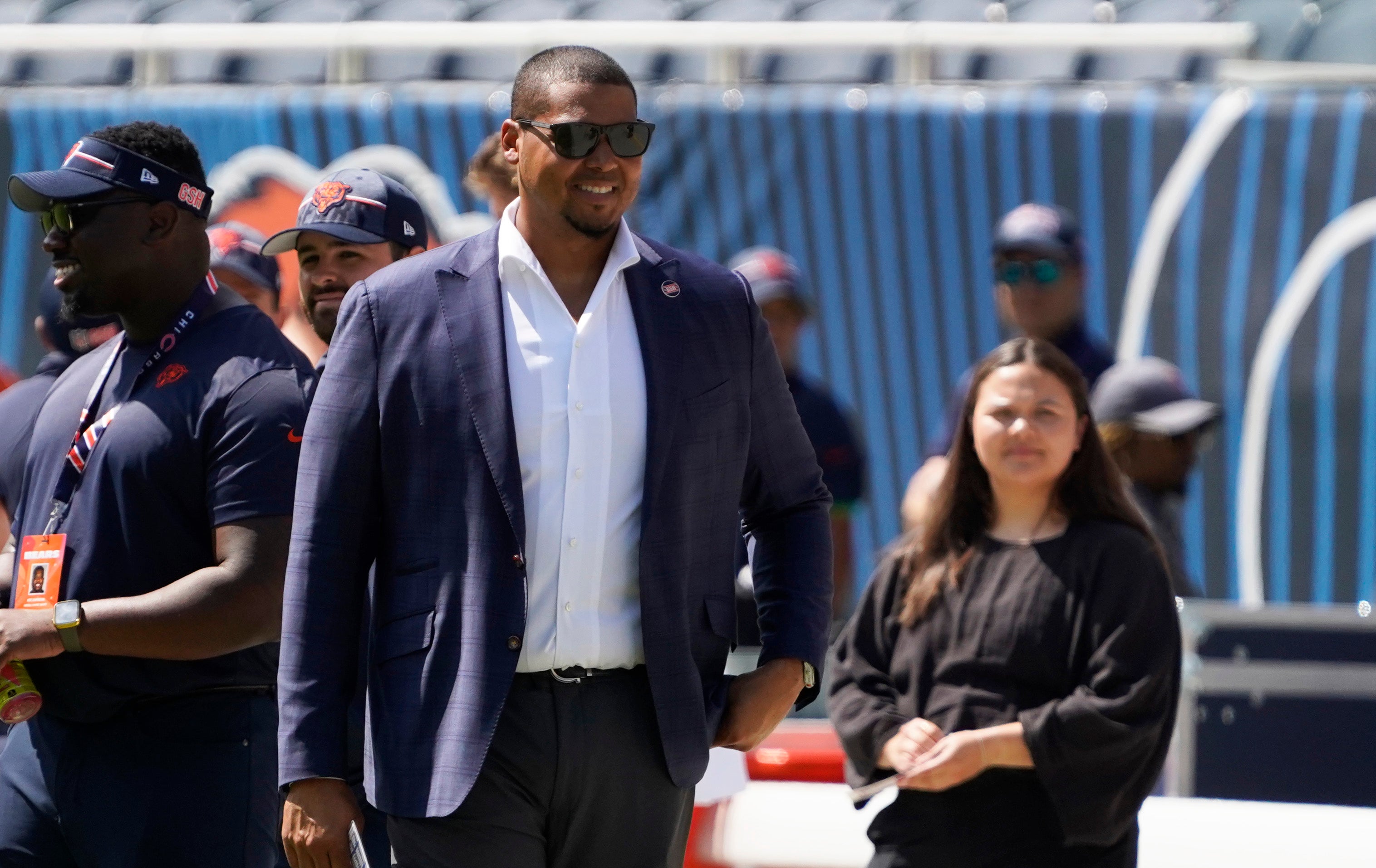 Aug 12, 2023; Chicago, Illinois, USA; ryan Poles, general manager of the Chicago Bears watches warms ups before the game between the Chicago Bears and the Tennessee Titans at Soldier Field.