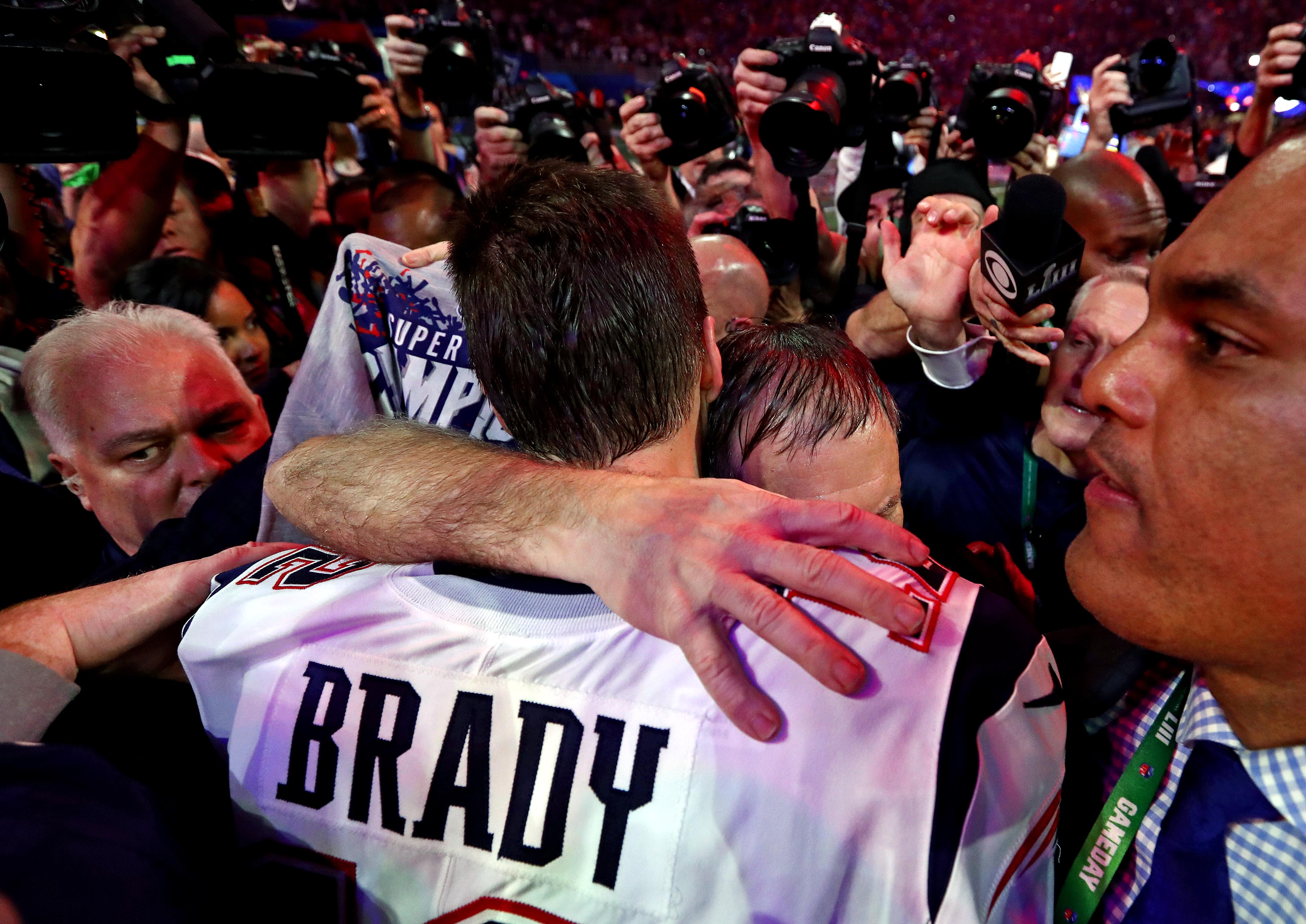 Feb 3, 2019; Atlanta, GA, USA; New England Patriots head coach Bill Belichick and quarterback Tom Brady (12) celebrate after beating the Los Angeles Rams in Super Bowl LIII at Mercedes-Benz Stadium.