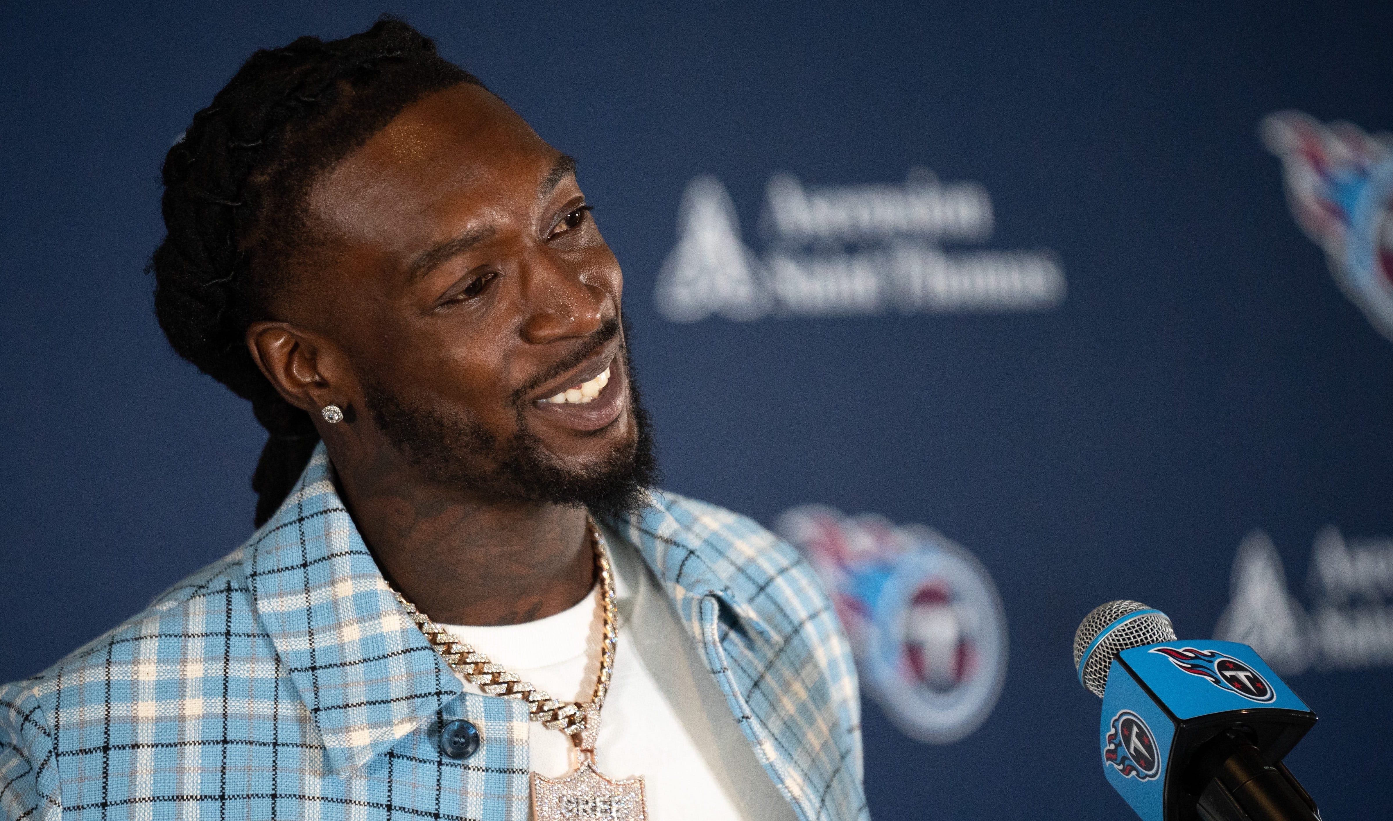Tennessee Titans newly signed free agent wide receiver Calvin Ridley fields questions during his introduction to the media at Ascension Saint Thomas Sports Park in Nashville, Tenn., Friday, March 15, ... Denny Simmons / The Tennessean-USA TODAY NETWORK