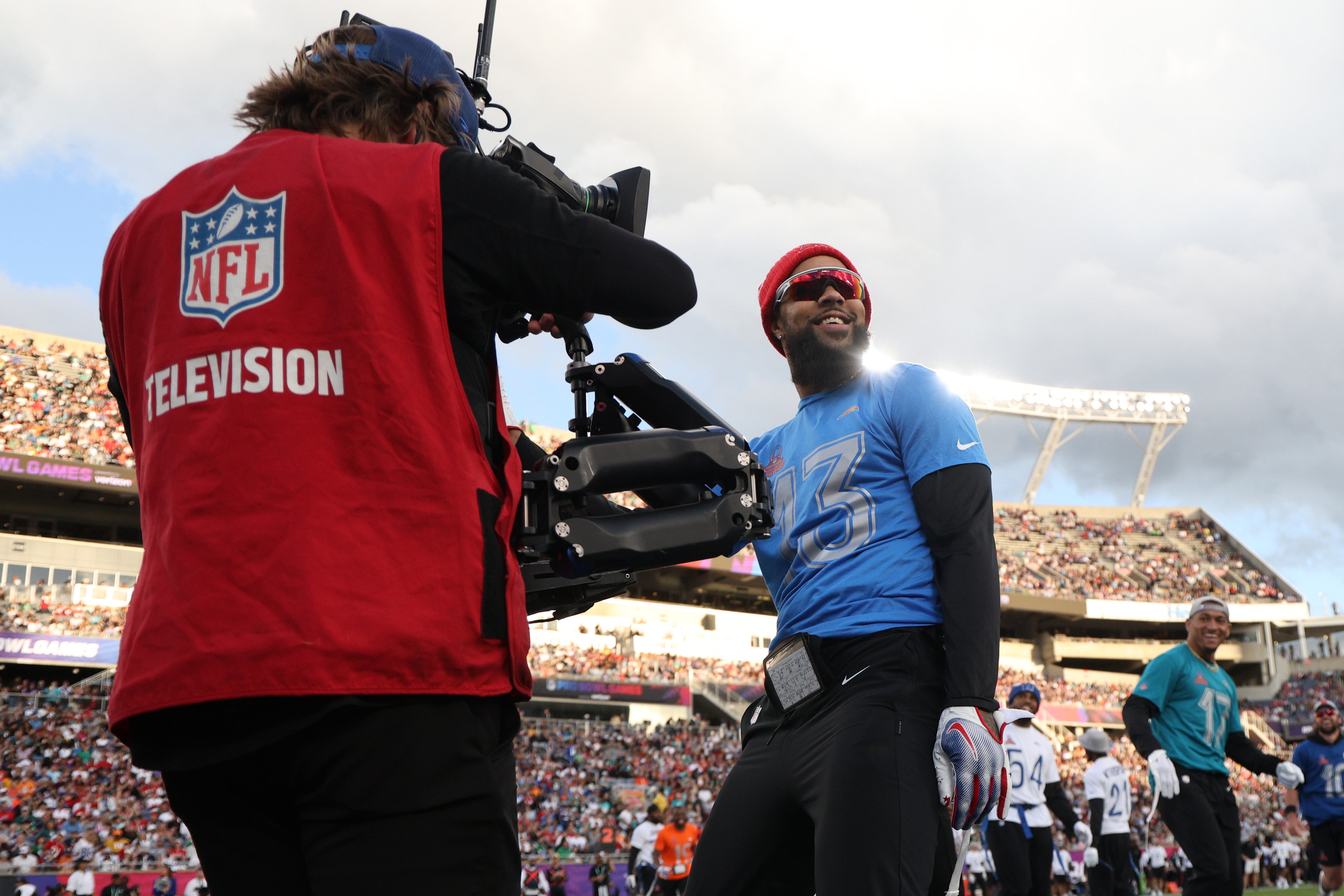 Feb 4, 2024; Orlando, FL, USA; AFC wide receiver Keenan Allen (13) of the Los Angeles Chargers reacts after scoring a touchdown during the 2024 Pro Bowl at Camping World Stadium.