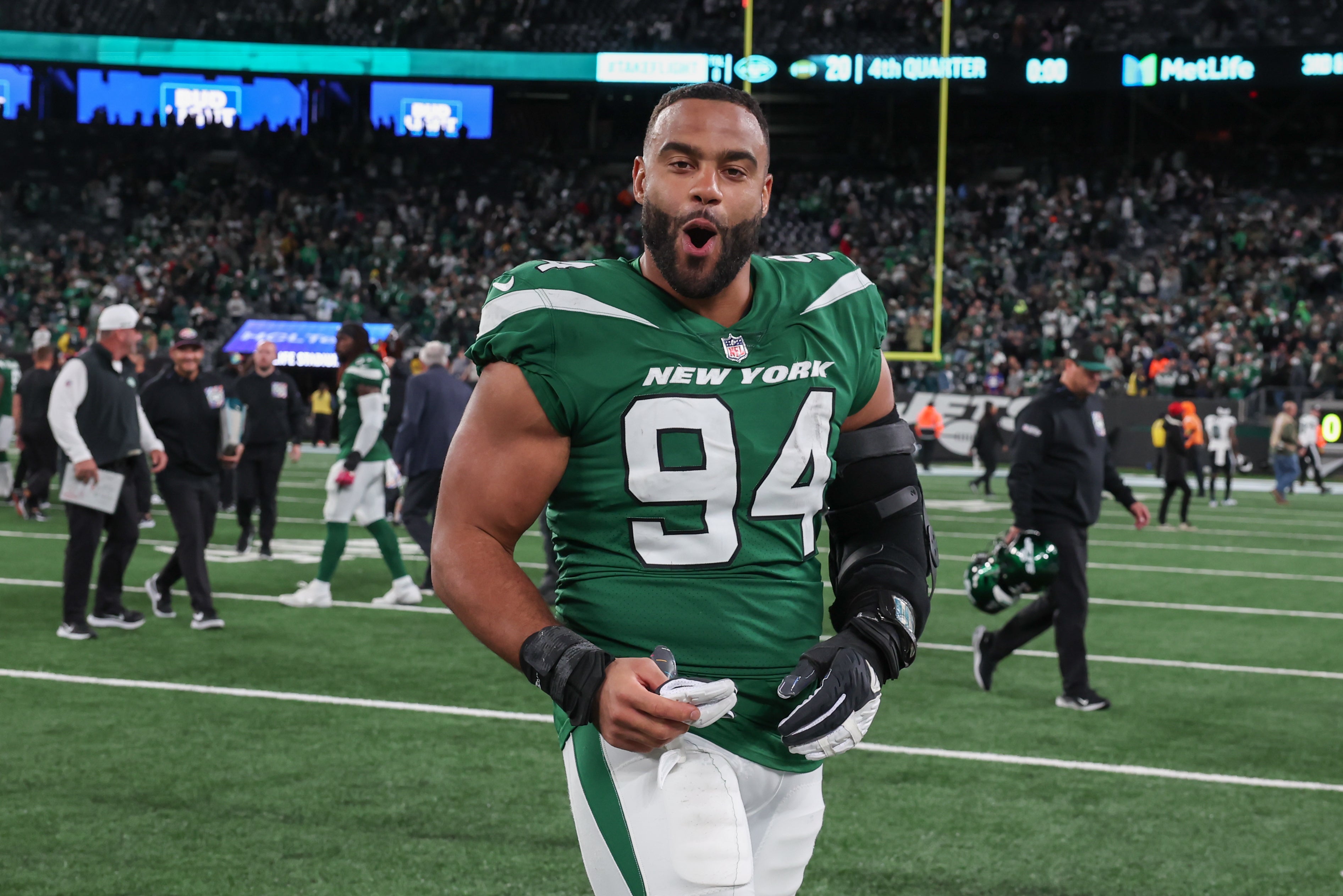 ew York Jets defensive end Solomon Thomas (94) celebrates after the game against the Philadelphia Eagles at MetLife Stadium.