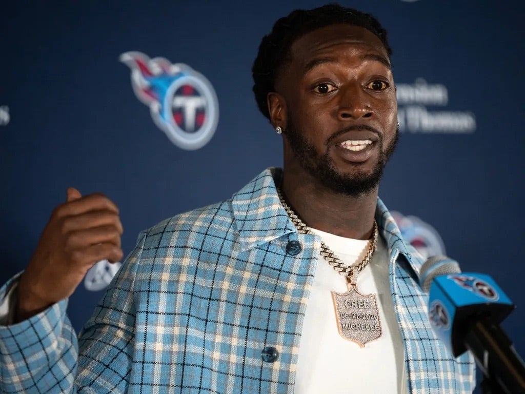 ennessee Titans newly signed free agent wide receiver Calvin Ridley fields questions during his introduction to the media at Ascension Saint Thomas Sports Park in Nashville, Tenn., Friday, March 15.