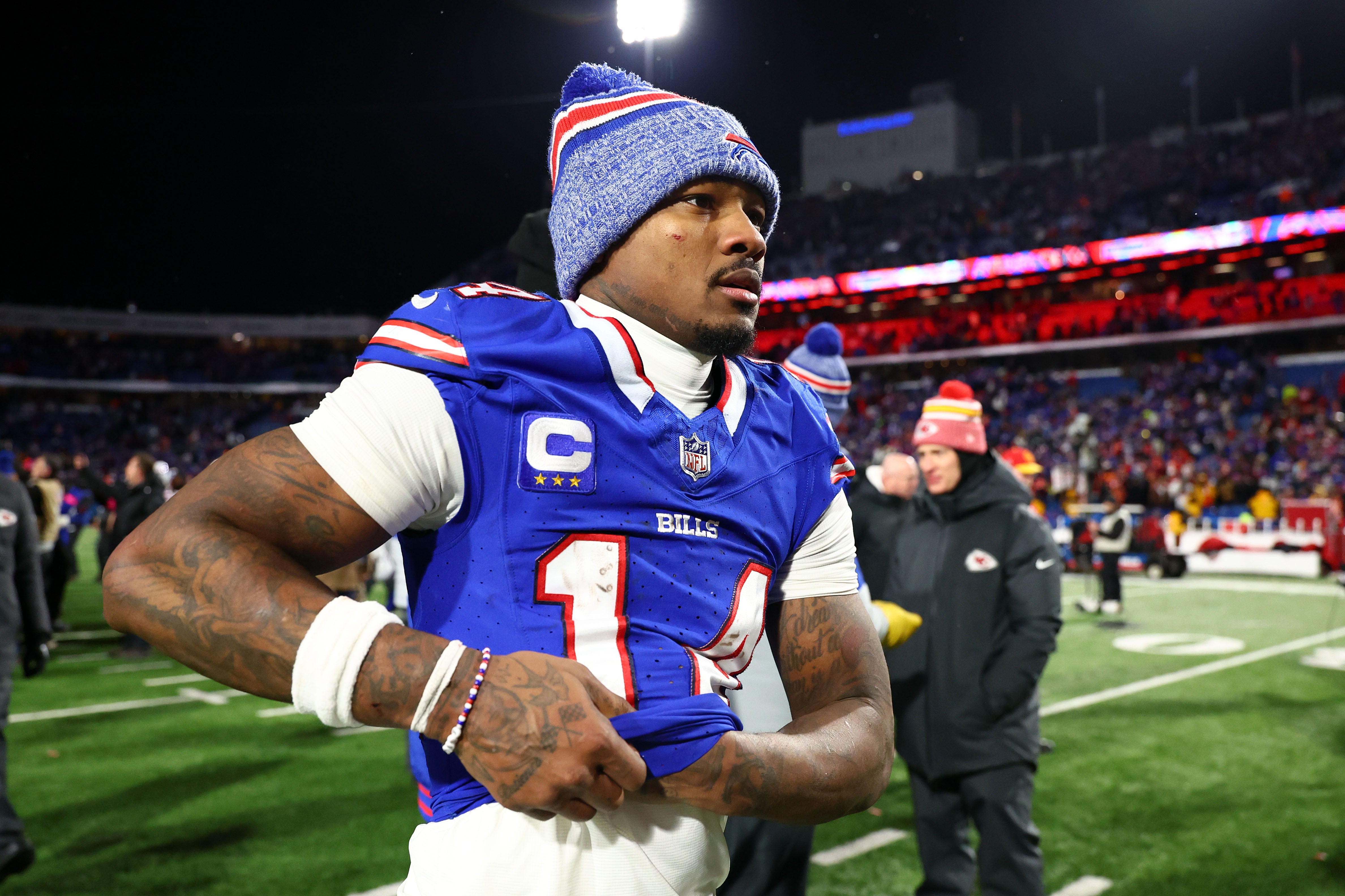 Buffalo Bills wide receiver Stefon Diggs (14) reacts after the game against the Kansas City Chiefs 2024 AFC divisional round game at Highmark Stadium.