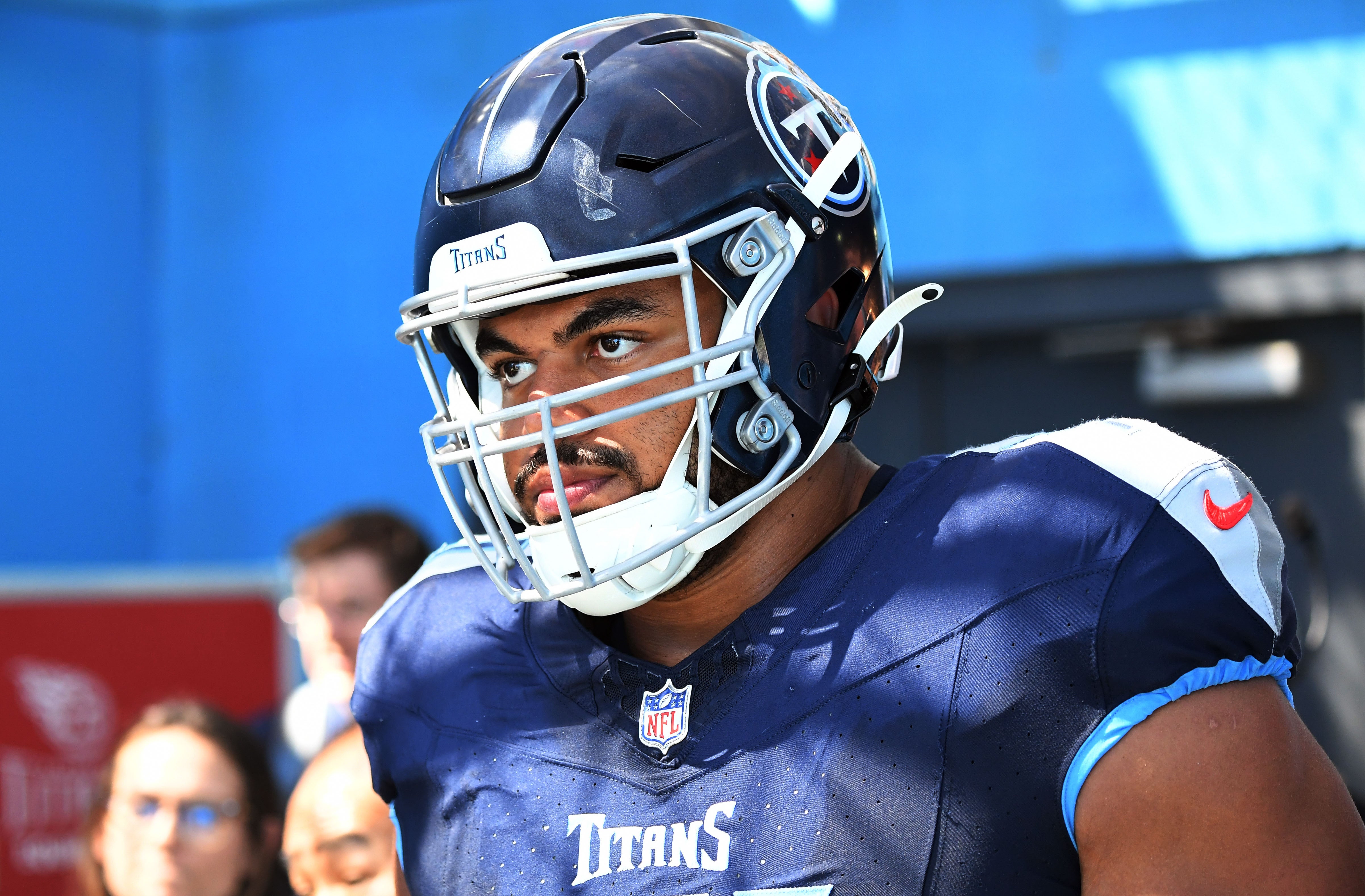 Tennessee Titans offensive tackle Andre Dillard (71) waits to take the field before the game against the Cincinnati Bengals at Nissan Stadium. Christopher Hanewinckel-USA TODAY Sports