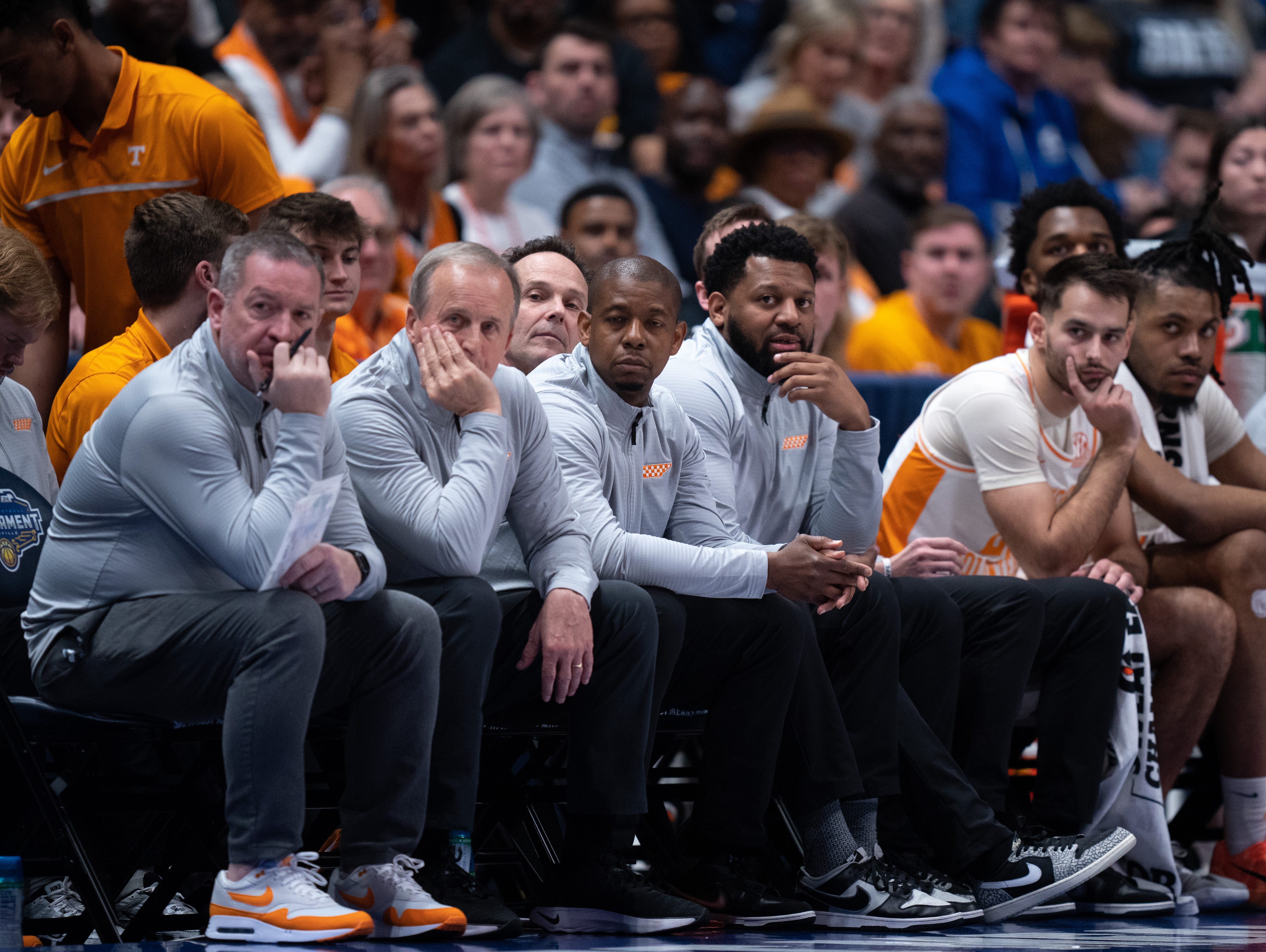 Caption: Tennessee Volunteers head coach Rick Barnes, second left, watches as the seconds tick off the clock in their hopes of an SEC championship during their SEC Men's Basketball Tournament quarterfinal game against Mississippi State at Bridgestone Arena in Nashville, Tenn., Friday, March 15, 2024.