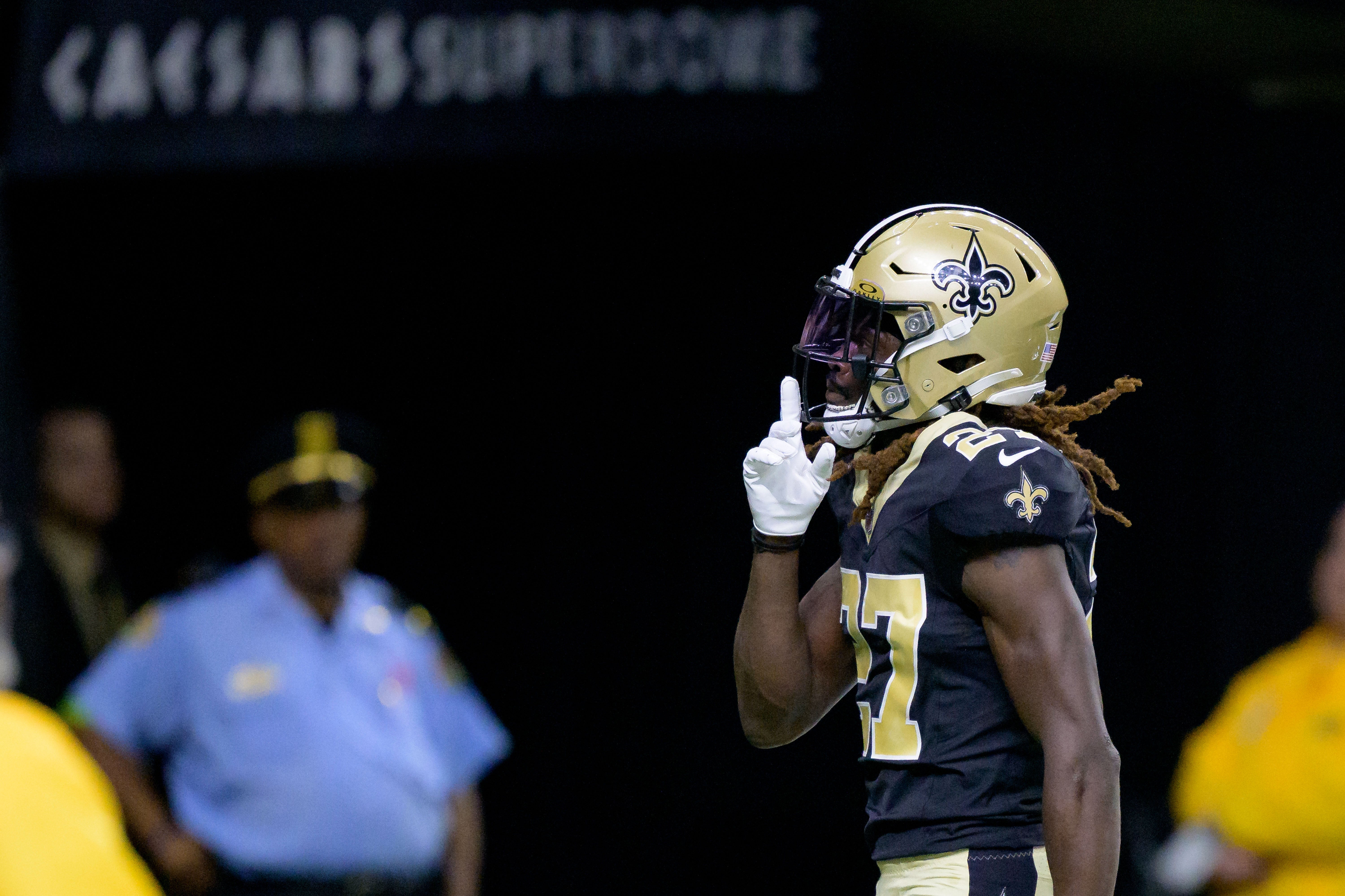 Oct 1, 2023; New Orleans, Louisiana, USA; New Orleans Saints cornerback Isaac Yiadom (27) celebrates an inception against the Tampa Bay Buccaneers during the second quarter at the Caesars Superdome.
