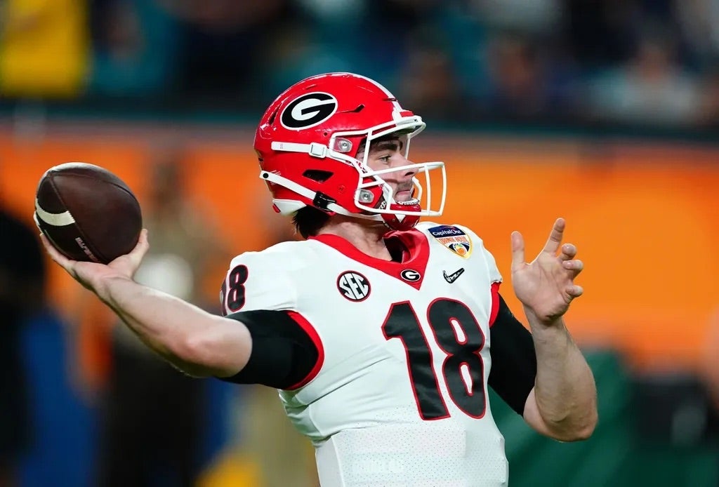 Georgia Bulldogs quarterback JT Daniels (18) warms up prior to the Orange Bowl college football CFP national semifinal game against the Michigan Wolverines at Hard Rock Stadium.