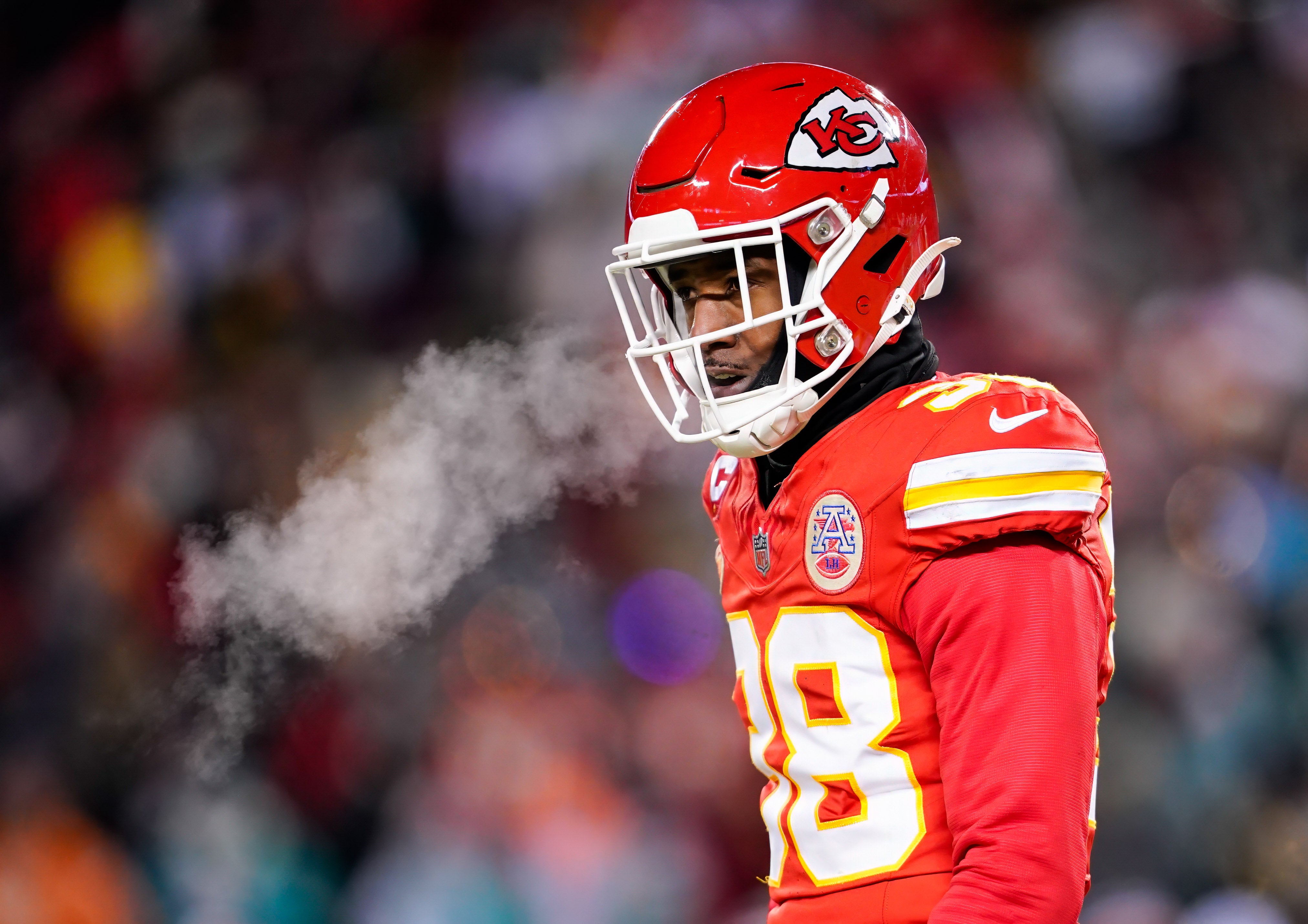 Jan 13, 2024; Kansas City, Missouri, USA; Kansas City Chiefs cornerback L'Jarius Sneed (38) reacts after a play during the first half of a 2024 AFC wild card game against the Miami Dolphins at GEHA Field at Arrowhead Stadium.