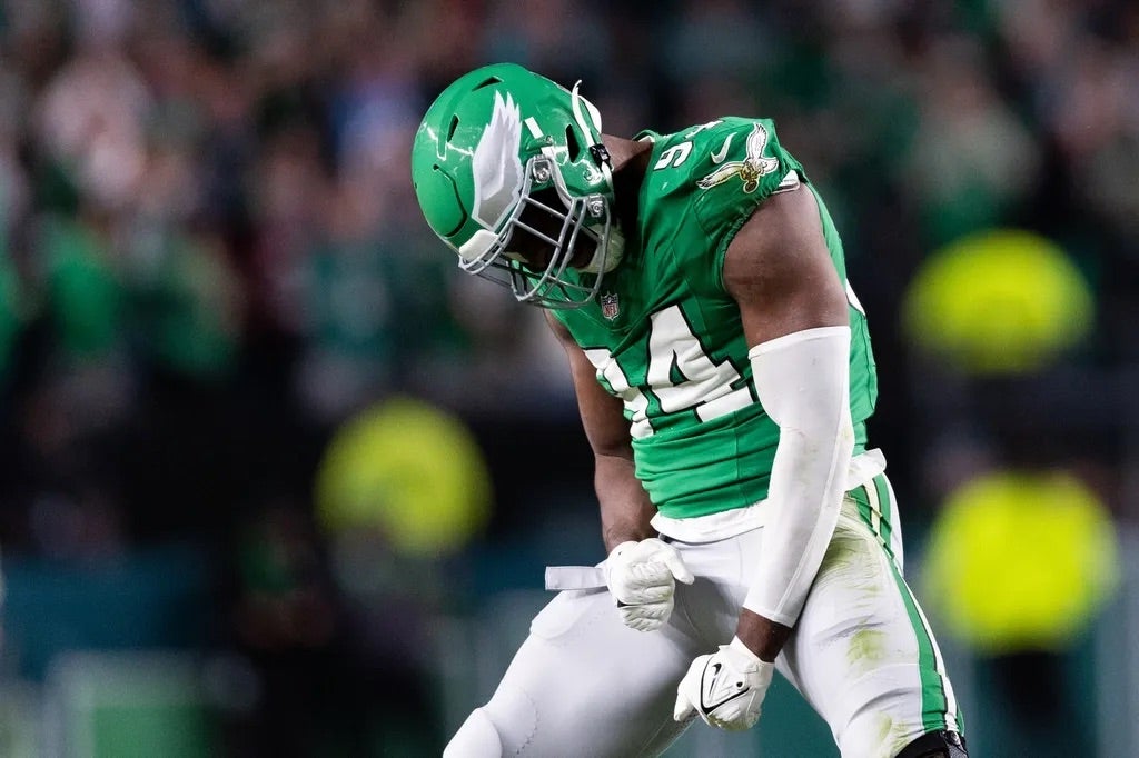 Philadelphia Eagles defensive end Josh Sweat (94) reacts to his sack during the fourth quarter against the Miami Dolphins at Lincoln Financial Field.