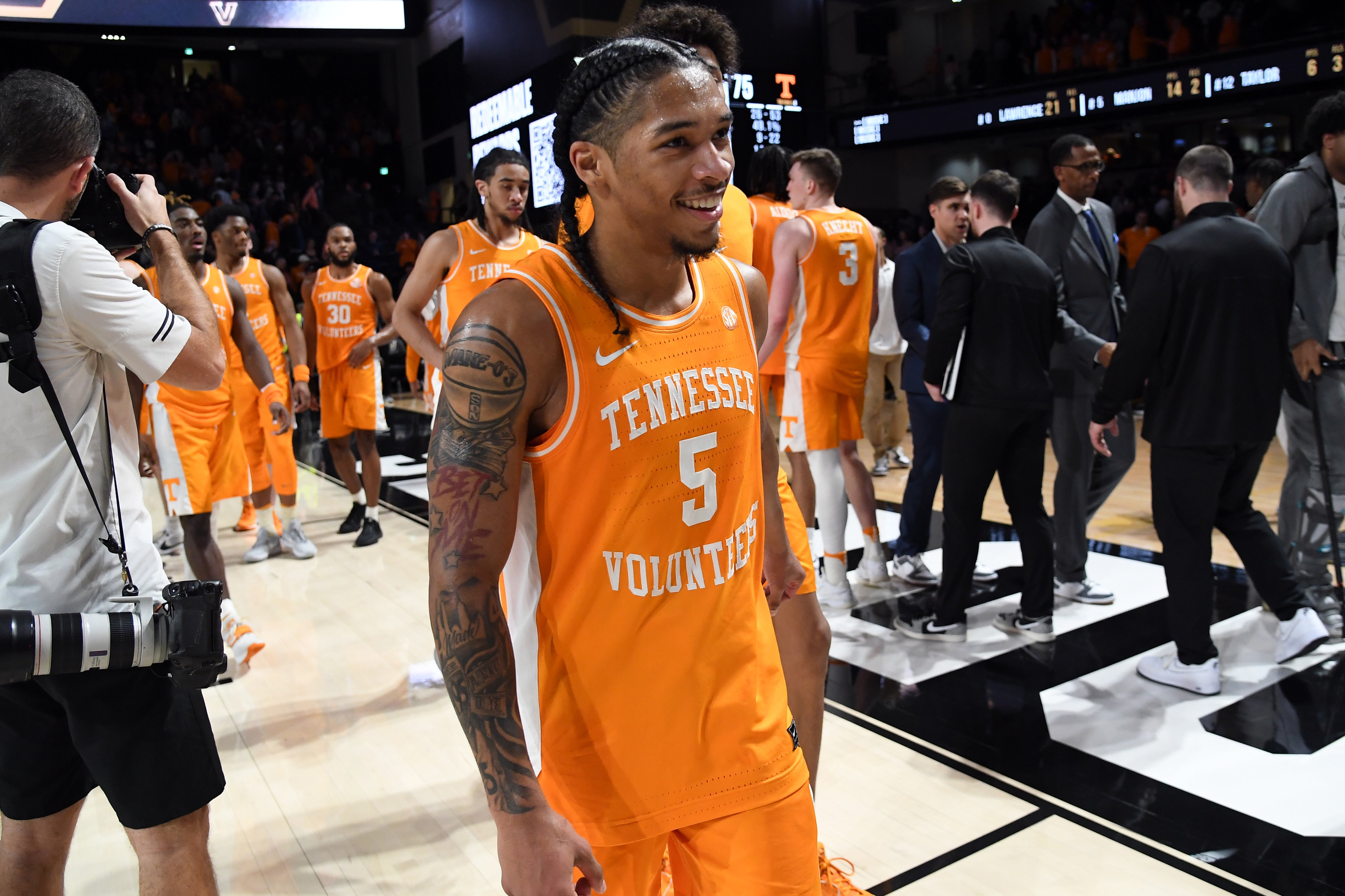 Jan 27, 2024; Nashville, Tennessee, USA; Tennessee Volunteers guard Zakai Zeigler (5) leaves the floor after a win against the Vanderbilt Commodores at Memorial Gymnasium.