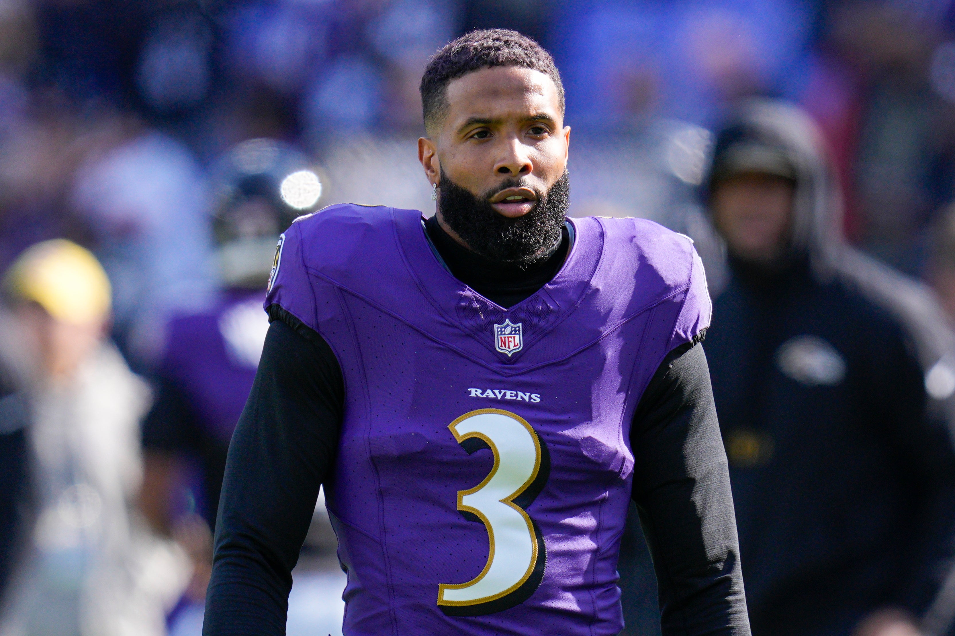 Nov 12, 2023; Baltimore, Maryland, USA; Baltimore Ravens wide receiver Odell Beckham Jr. (3) looks on before a game against the Cleveland Browns at M&T Bank Stadium.