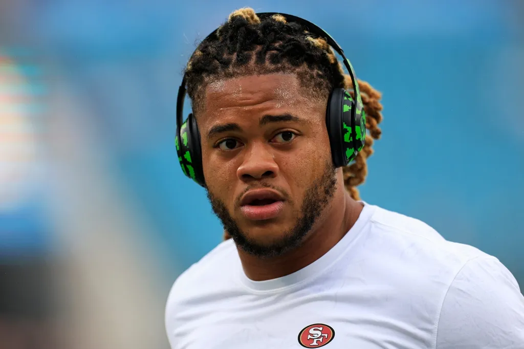 San Francisco 49ers defensive end Chase Young (92) looks on before an NFL football game Sunday, Nov. 12, 2023 at EverBank Stadium in Jacksonville, Fla.