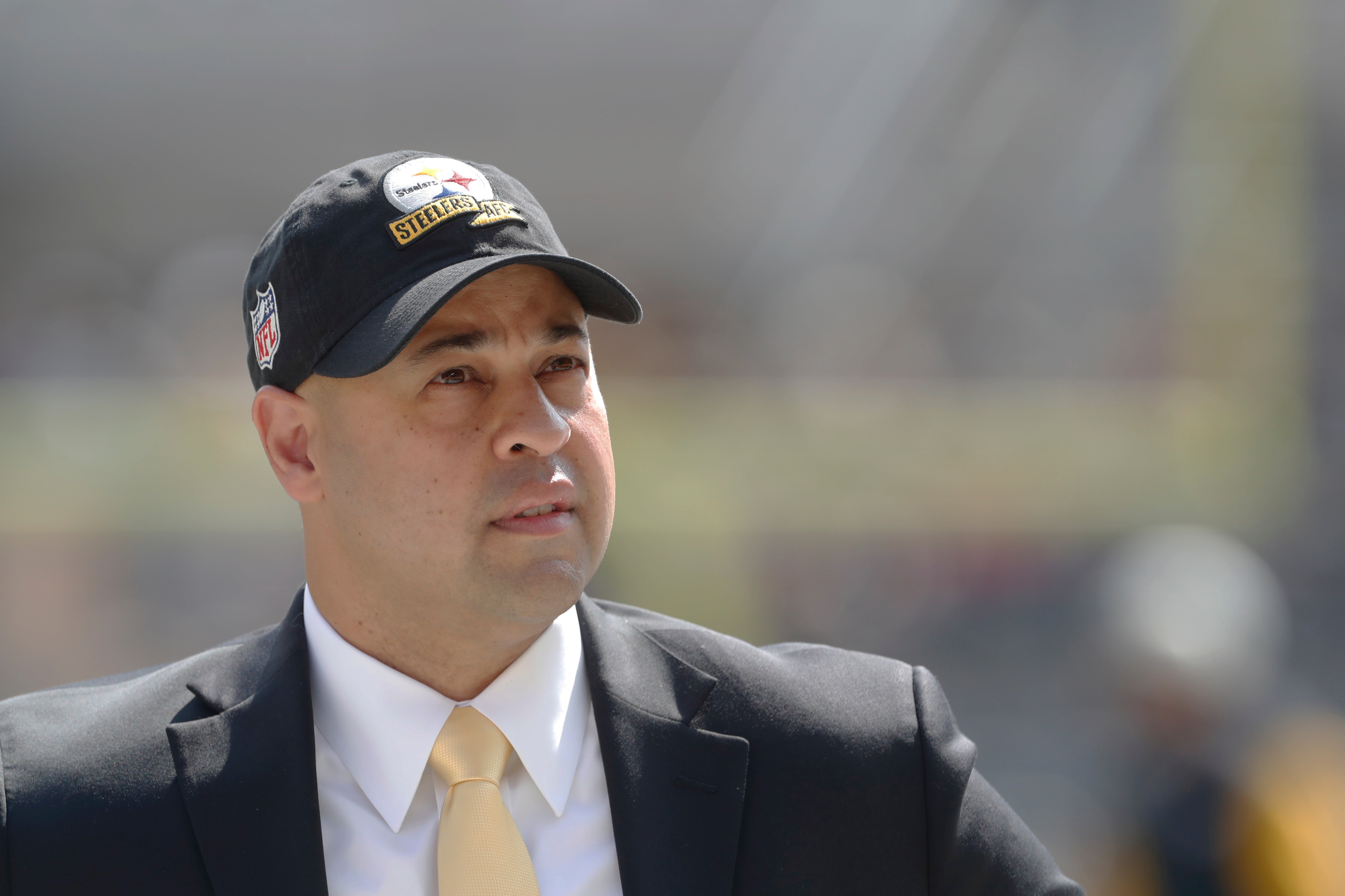 Sep 18, 2022; Pittsburgh, Pennsylvania, USA; Pittsburgh Steelers general manager Omar Khan looks on before the game against the New England Patriots at Acrisure Stadium. Mandatory Credit: Charles LeClaire-USA TODAY Sports  
