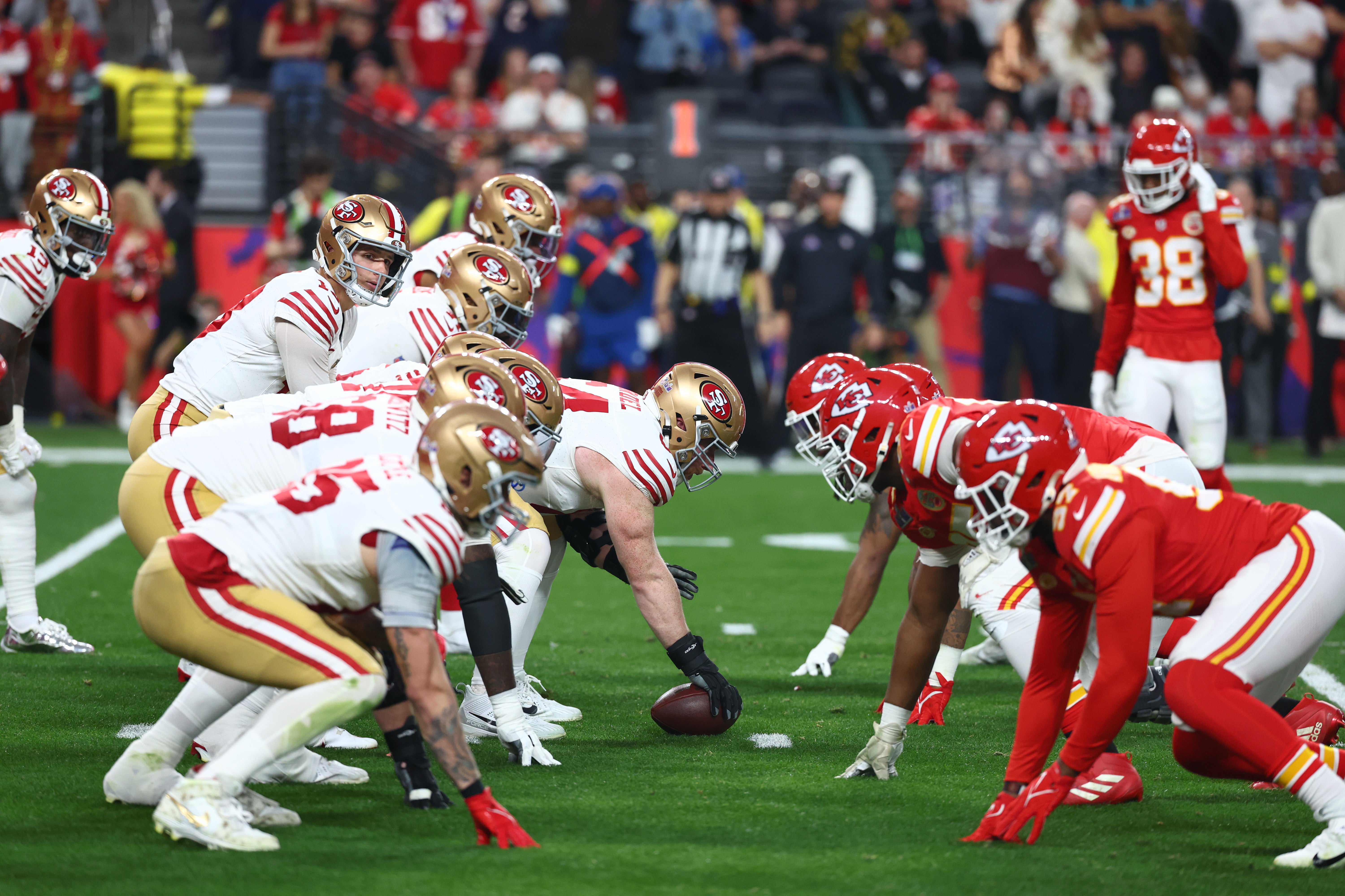 Feb 11, 2024; Paradise, Nevada, USA; San Francisco 49ers quarterback Brock Purdy (13) under center against the Kansas City Chiefs in the first half in Super Bowl LVIII at Allegiant Stadium.