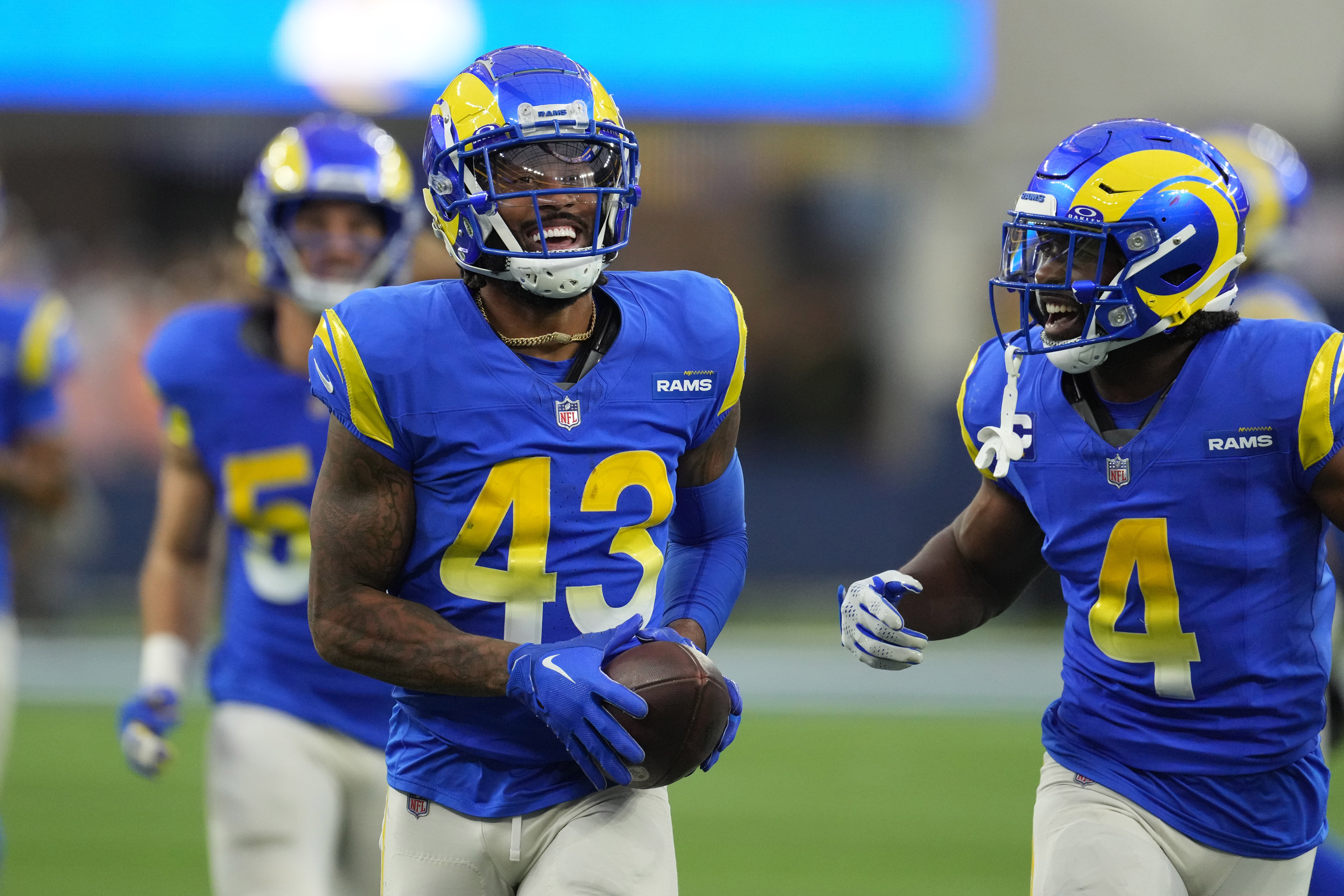 Dec 17, 2023; Inglewood, California, USA; Los Angeles Rams safety John Johnson III (43) celebrates after intercepting a pass against the Washington Commanders in the second half at SoFi Stadium.