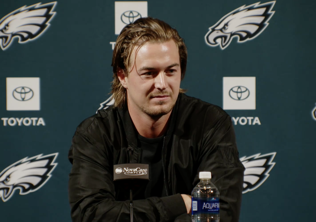 New Eagles QB Kenny Pickett talks to the Philly media for time on Monday, March 18.