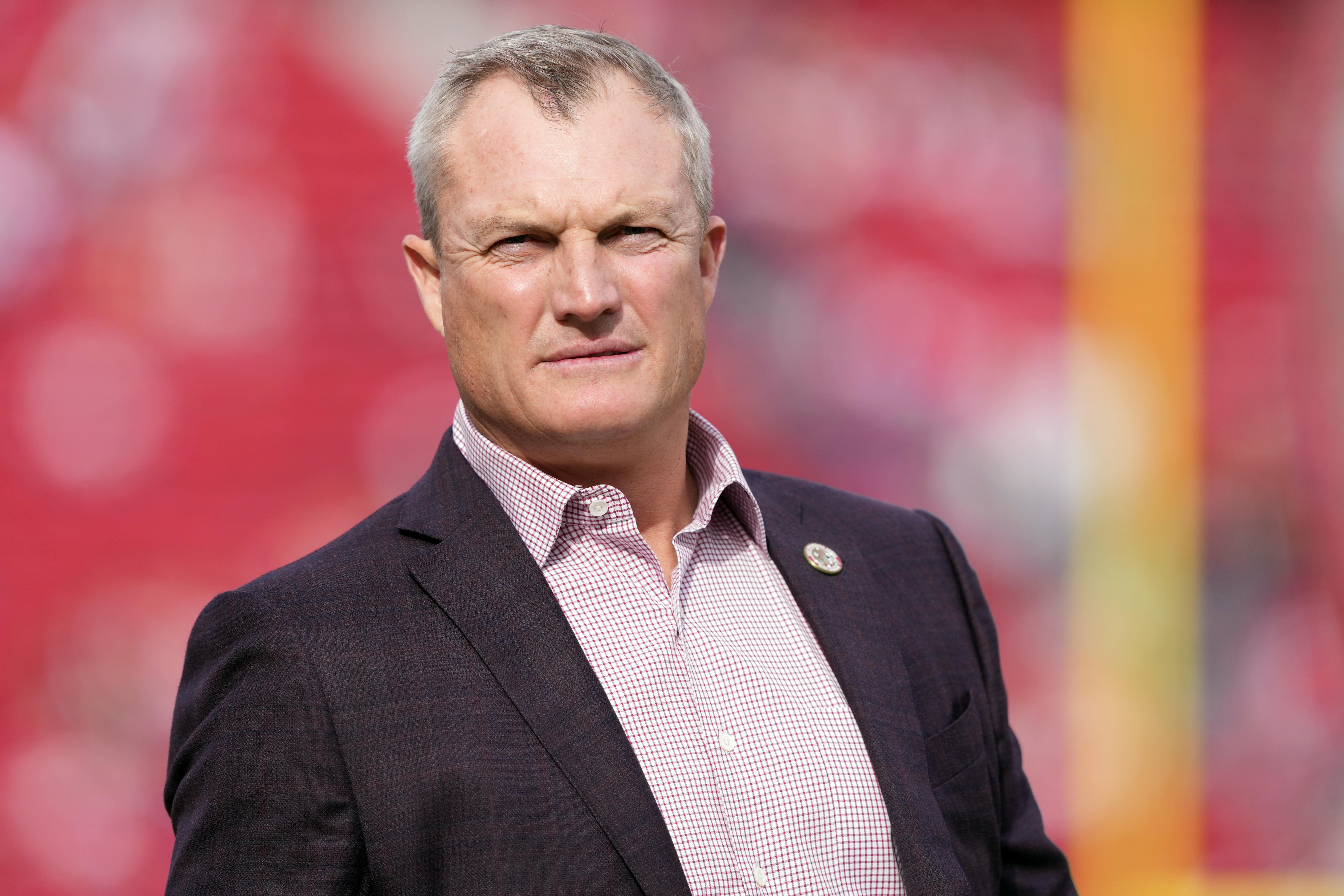 Dec 10, 2023; Santa Clara, California, USA; San Francisco 49ers general manager John Lynch stands on the field before the game against the Seattle Seahawks at Levi's Stadium.