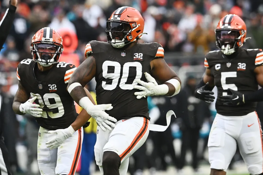 Cleveland Browns defensive tackle Maurice Hurst II (90) celebrates after sacking Jacksonville Jaguars quarterback Trevor Lawrence (not pictured) during the second half at Cleveland Browns Stadium.