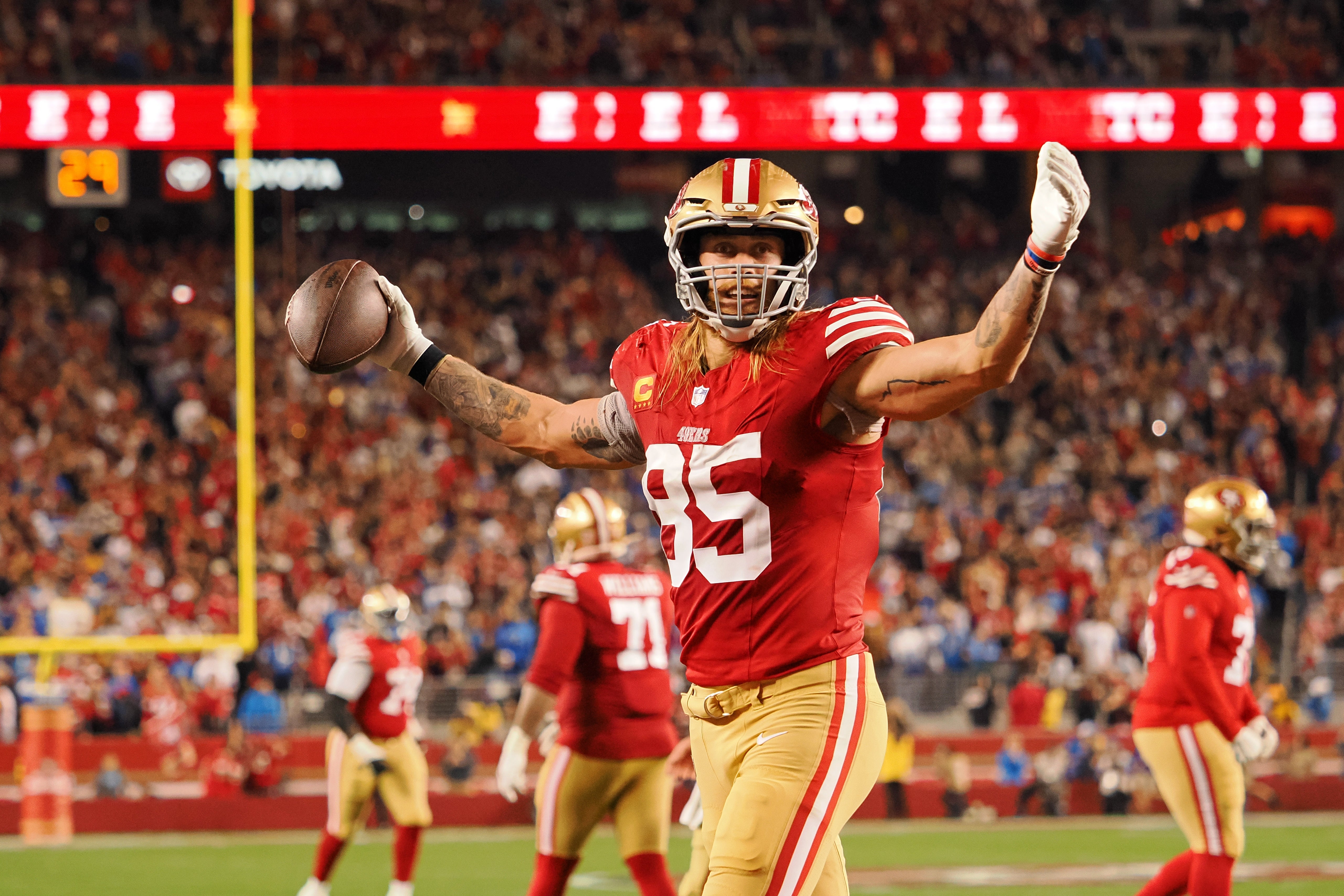 Jan 28, 2024; Santa Clara, California, USA; San Francisco 49ers tight end George Kittle (85) reacts after a play against the Detroit Lions during the second half of the NFC Championship football game at Levi's Stadium.