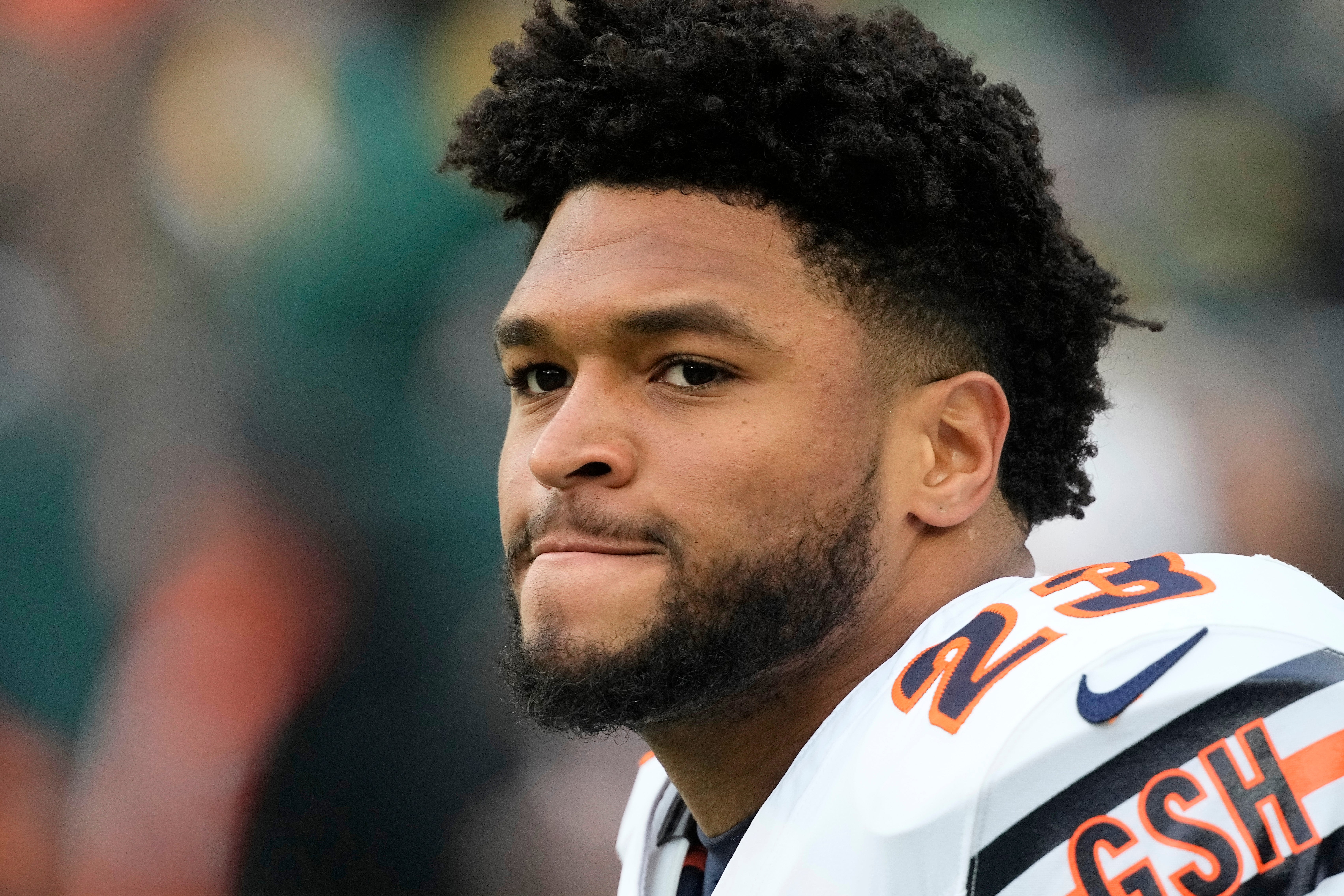 Jan 7, 2024; Green Bay, Wisconsin, USA; Chicago Bears running back Roschon Johnson (23) during warmups prior to the game against the Green Bay Packers at Lambeau Field.