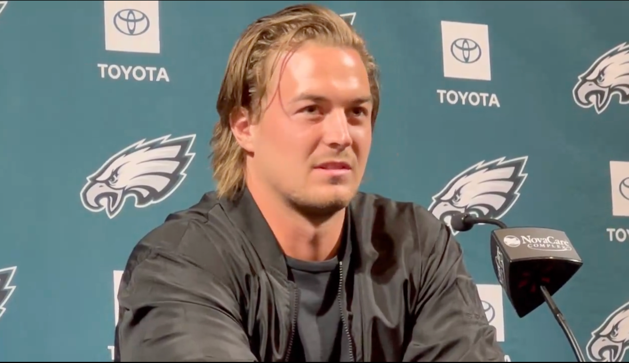 Philadelphia Eagles QB Kenny Pickett addresses the media during his introductory press conference at NovaCare Complex, 3/18/24