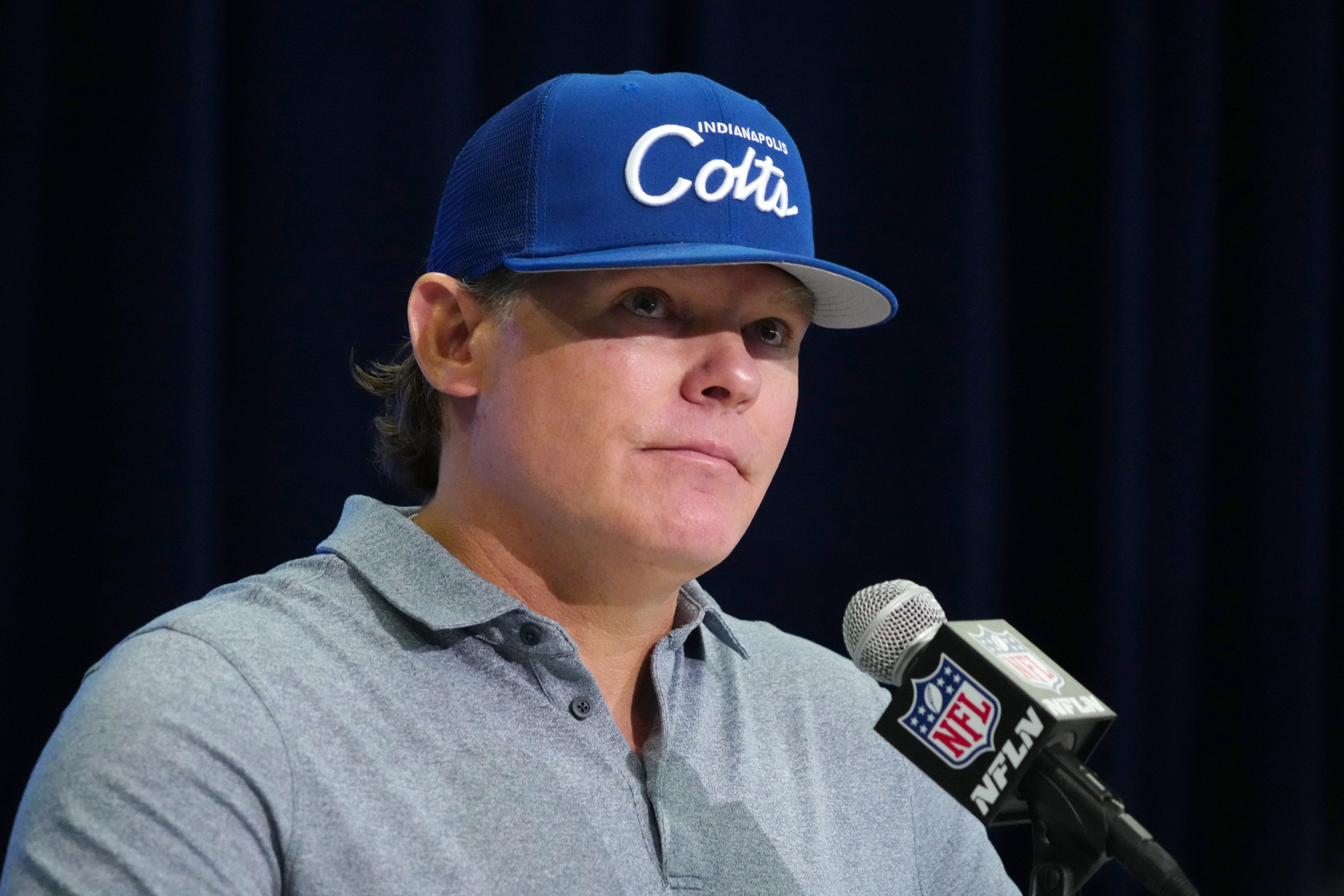 Feb 28, 2024; Indianapolis, IN, USA; Indianapolis Colts general manager Chris Ballard speaks at a press conference at the NFL Scouting Combine at Indiana Convention Center.