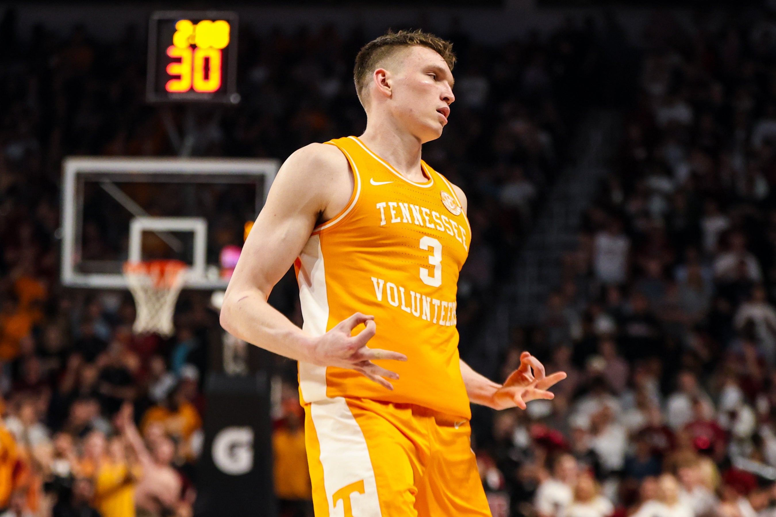 Mar 6, 2024; Columbia, South Carolina, USA; Tennessee Volunteers guard Dalton Knecht (3) celebrates a three point basket against the South Carolina Gamecocks in the first half at Colonial Life Arena.