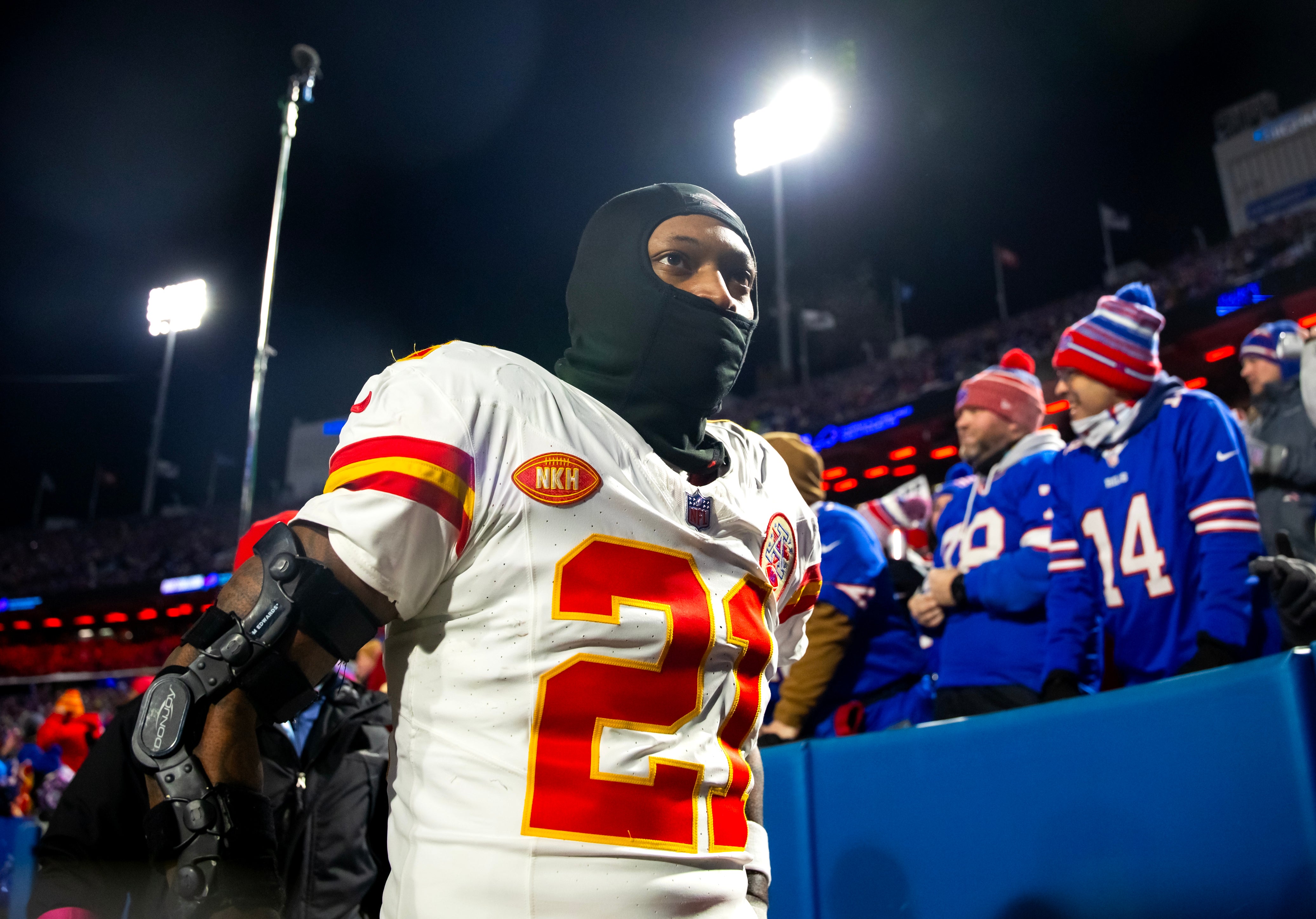 Jan 21, 2024; Orchard Park, New York, USA; Kansas City Chiefs safety Mike Edwards (21) against the Buffalo Bills in the 2024 AFC divisional round game at Highmark Stadium.