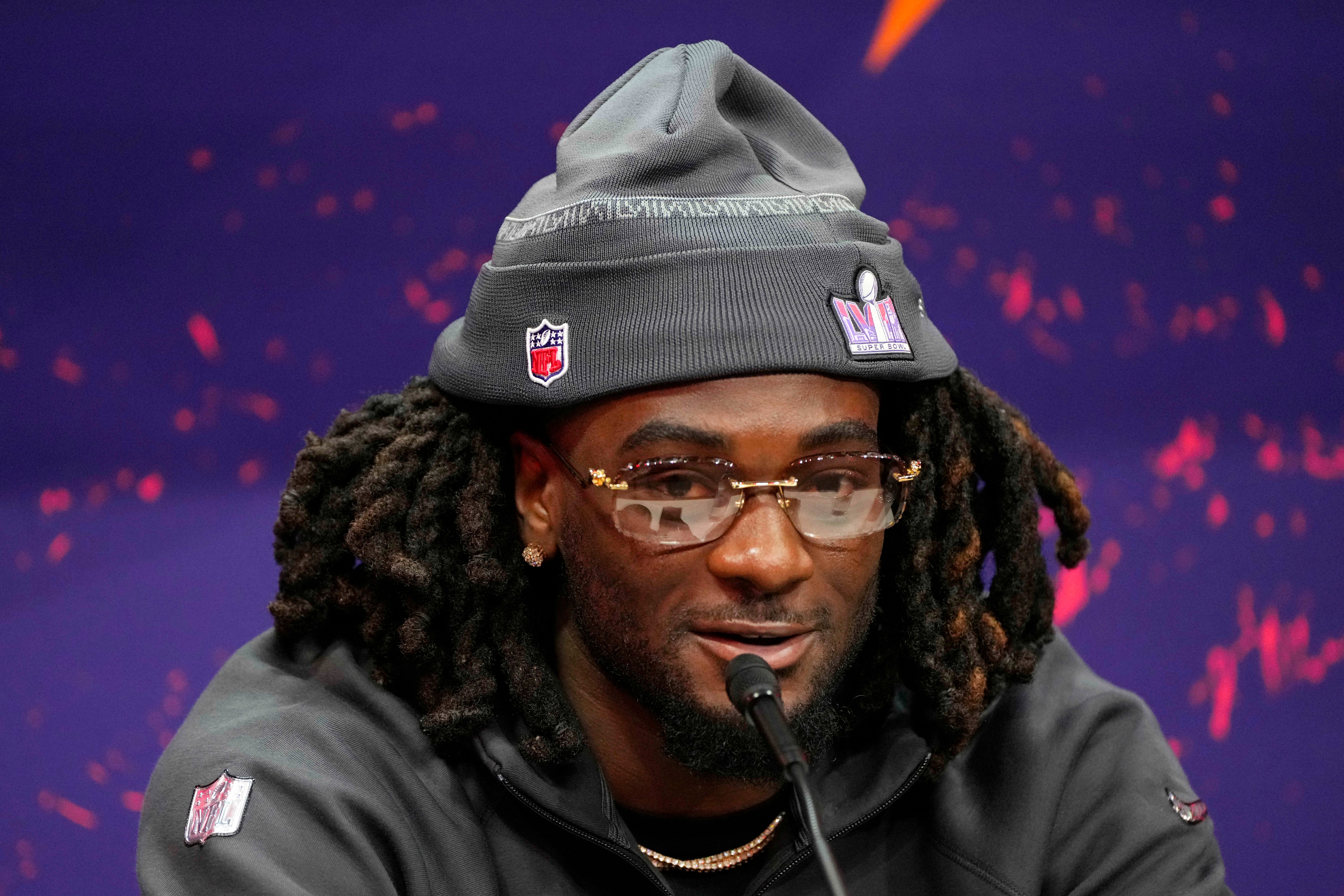 Feb 5, 2024; Las Vegas, NV, USA; San Francisco 49ers wide receiver Brandon Aiyuk (11) talks to the media during Super Bowl LVIII Opening Night at Allegiant Stadium.