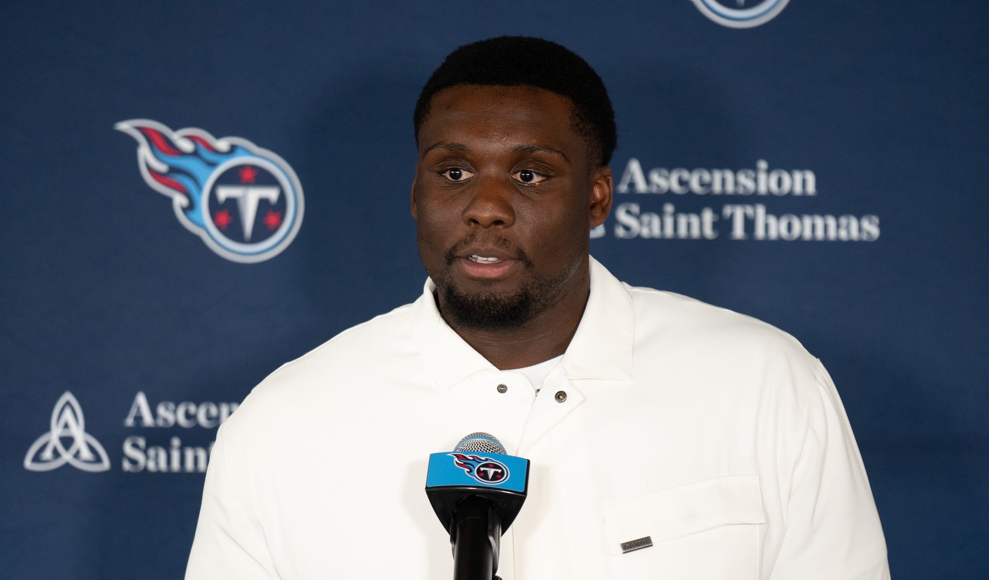 Tennessee Titans new free-agent center Lloyd Cushenberry fields questions at Ascension Saint Thomas Sports Park in Nashville, Tenn., Thursday, March 14, 2024 Denny Simmons / The Tennessean-USA TODAY NETWORK