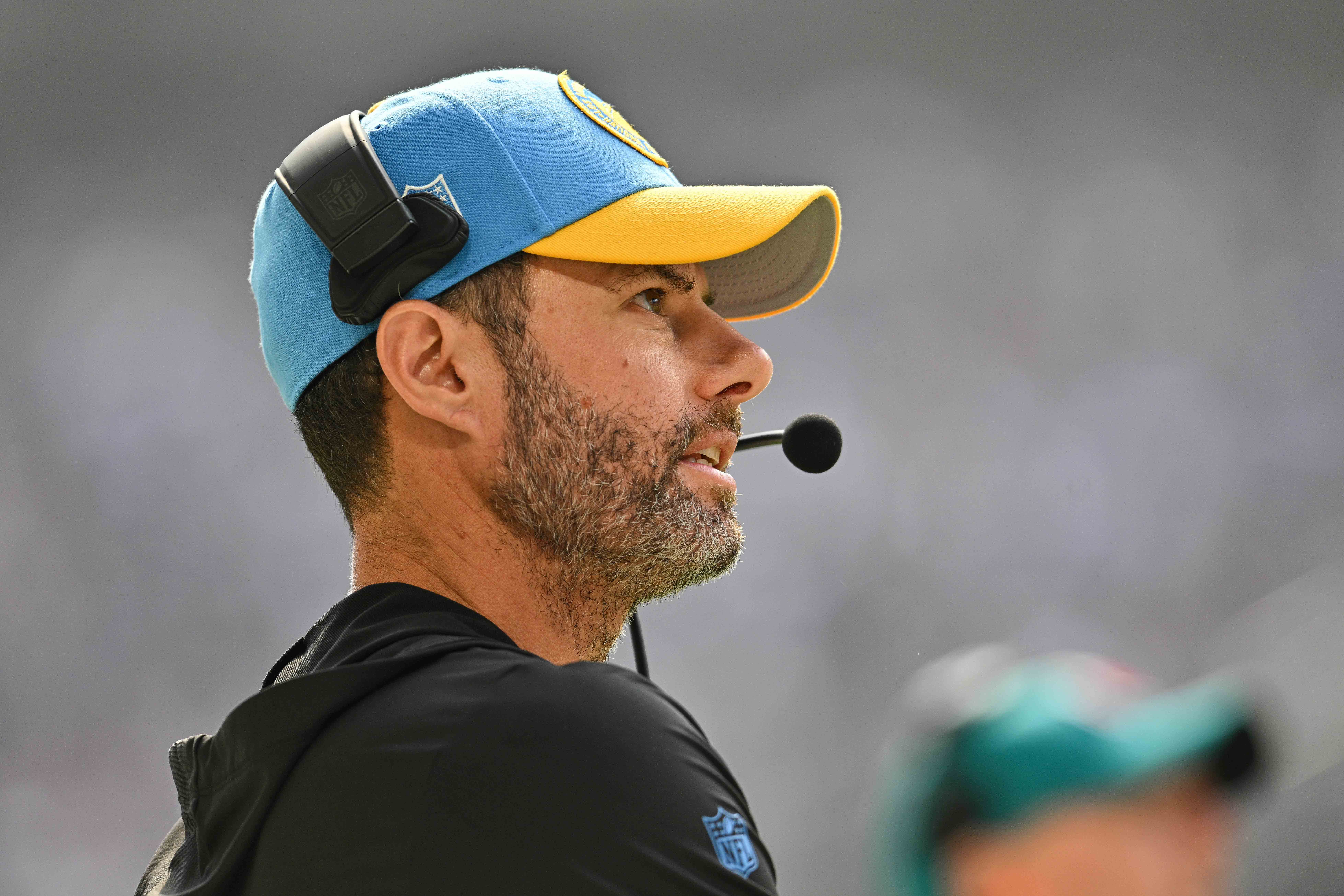 Sep 24, 2023; Minneapolis, Minnesota, USA; Los Angeles Chargers head coach Brandon Staley looks on during the game against the Minnesota Vikings at U.S. Bank Stadium.