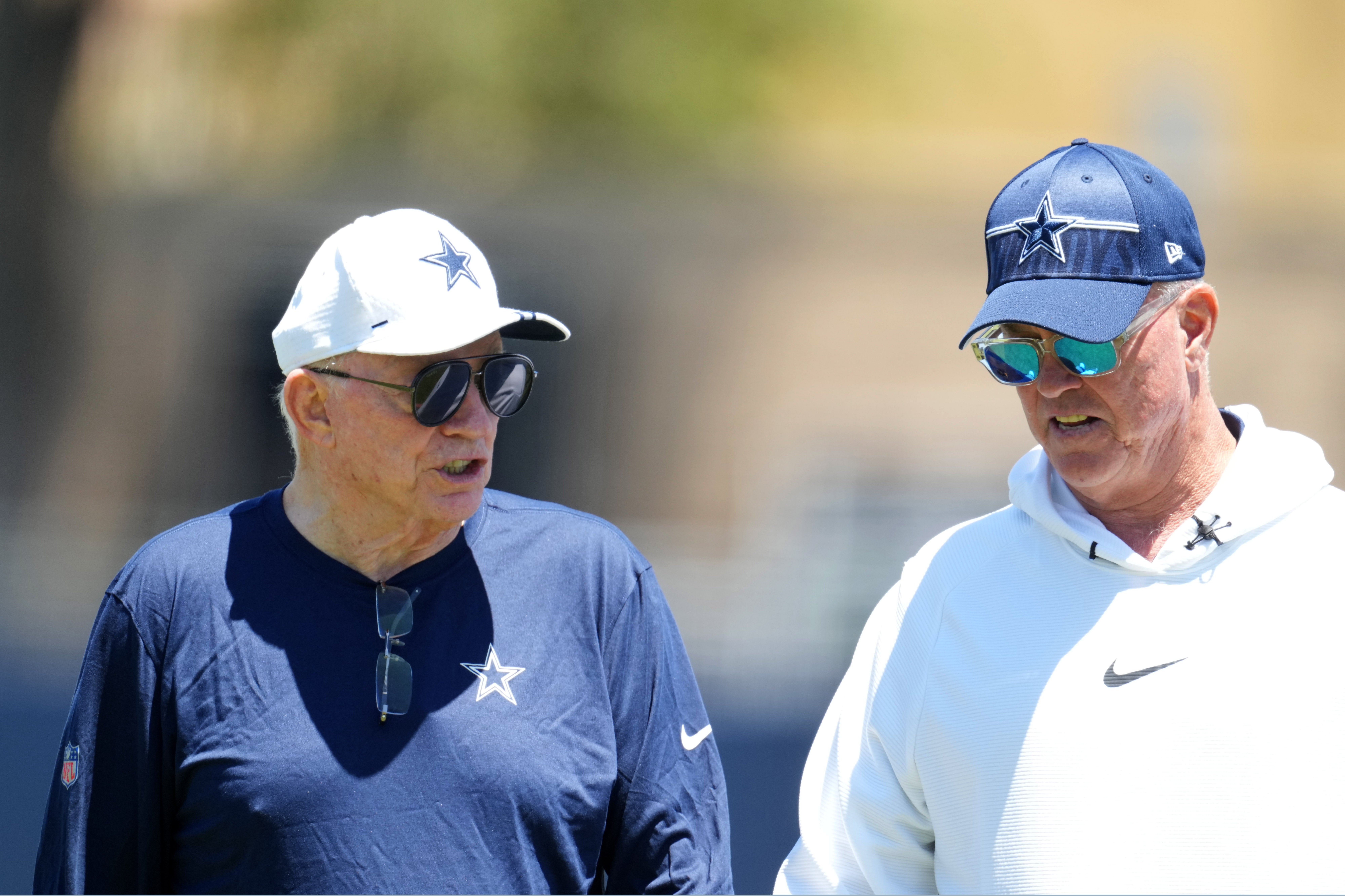 Dallas Cowboys owner Jerry Jones (left) and executive vice president Stephen Jones during training camp at Marriott Residence Inn-River Ridge Playing Fields.