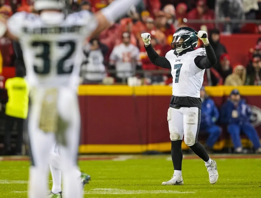 Philadelphia Eagles linebacker Haason Reddick (7) celebrates after defeating the Kansas City Chiefs at GEHA Field at Arrowhead Stadium.