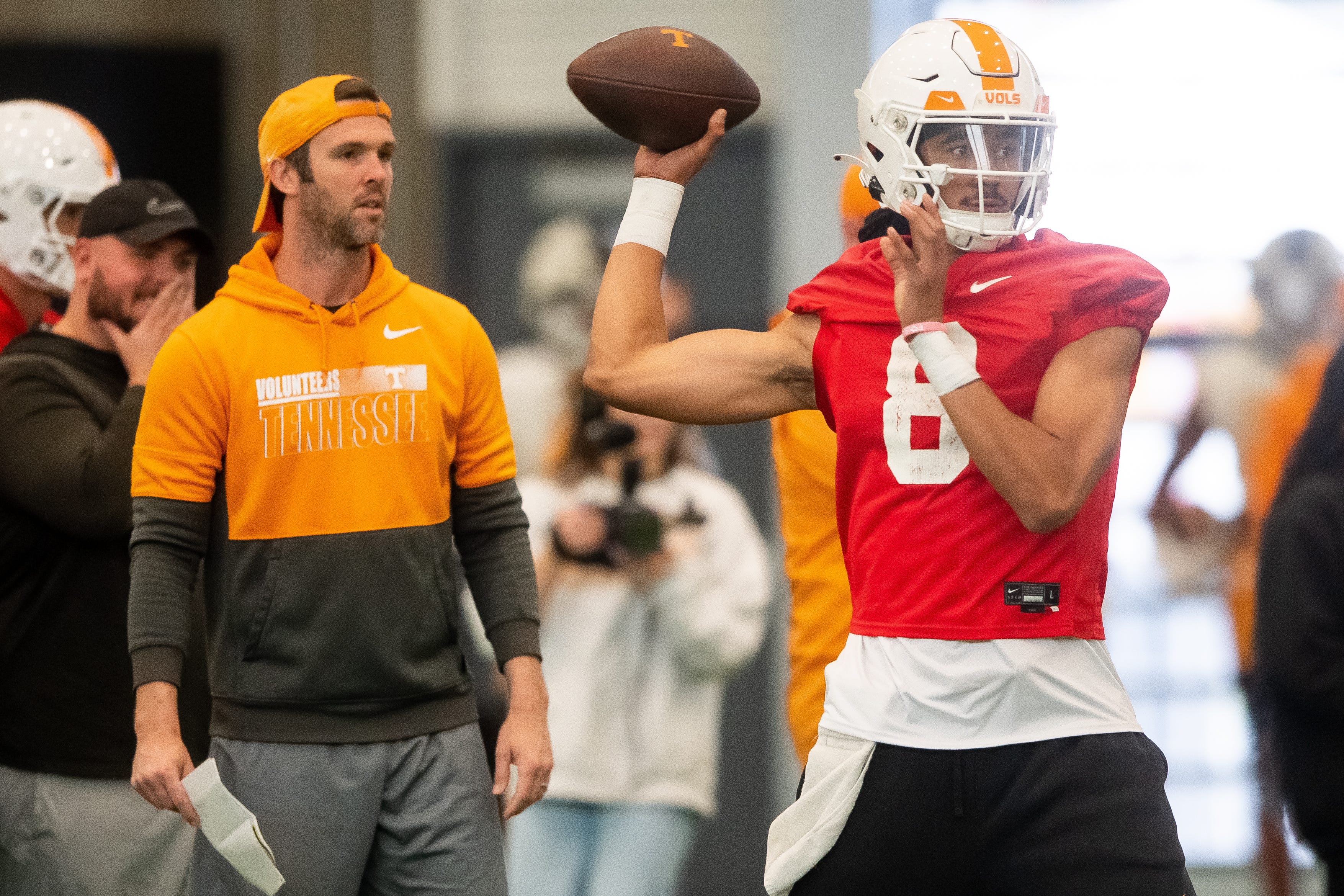 Caption: Tennessee quarterback Nico Iamaleava (8) during UT's first spring football practice on Monday, March 18, 2024.
