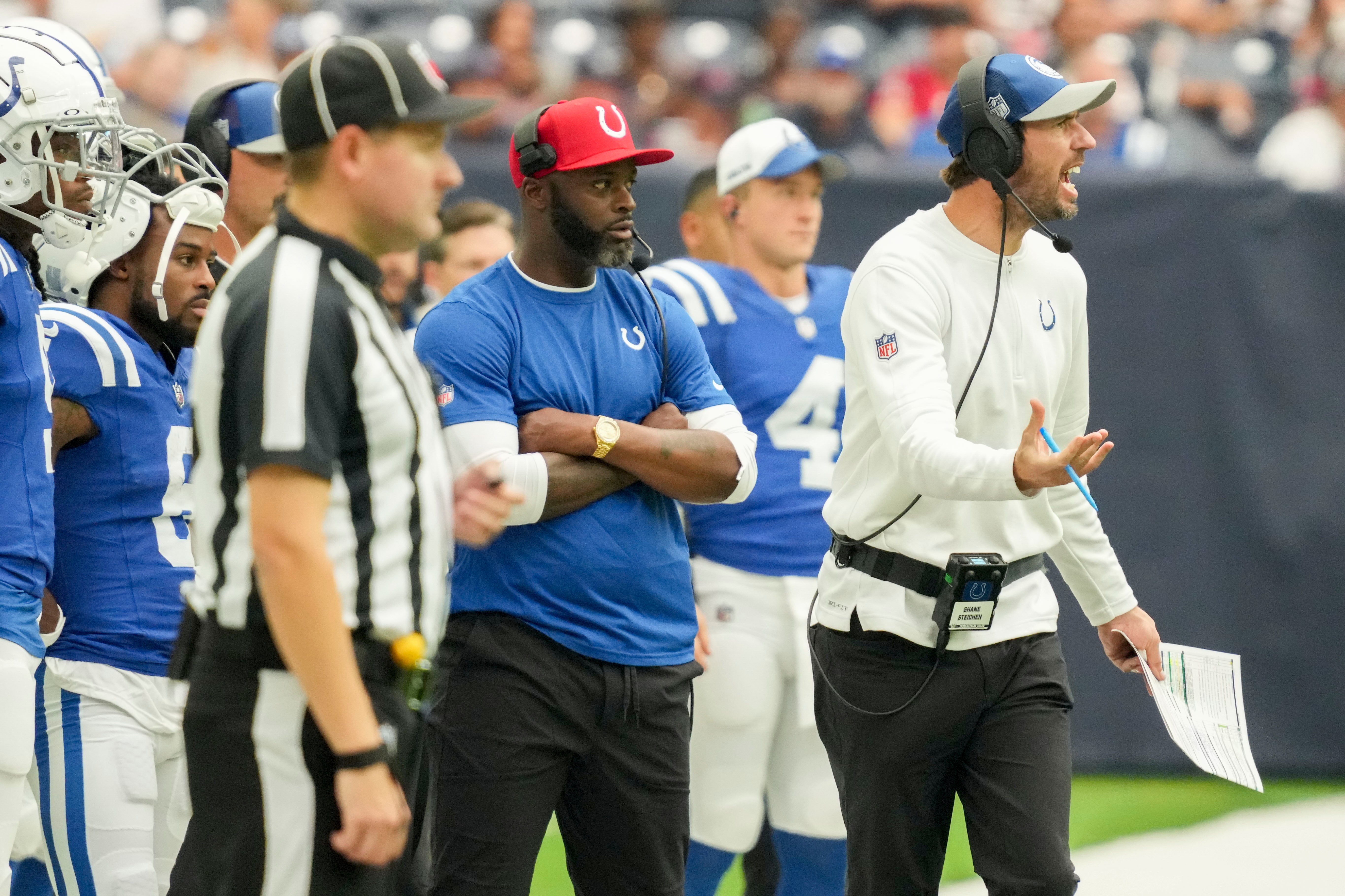 Sep 17, 2023; Houston, Texas, USA; Indianapolis Colts head coach Shane Steichen yells from the sideline during a game against the Houston Texans at NRG Stadium.