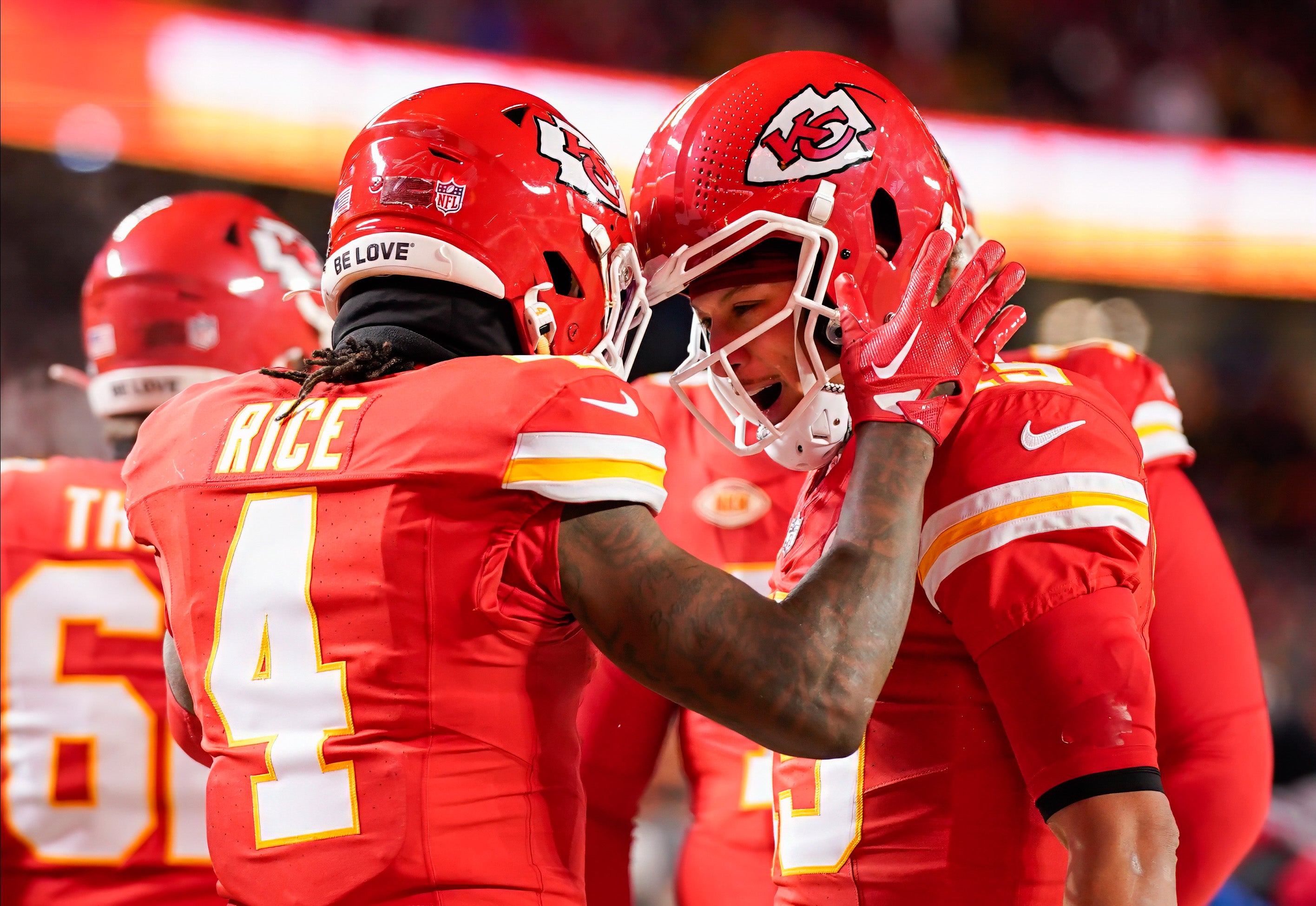 Jan 13, 2024; Kansas City, Missouri, USA; Kansas City Chiefs quarterback Patrick Mahomes (15) celebrates with wide receiver Rashee Rice (4) during the first half of a 2024 AFC wild card game against the Miami Dolphins at GEHA Field at Arrowhead Stadium.