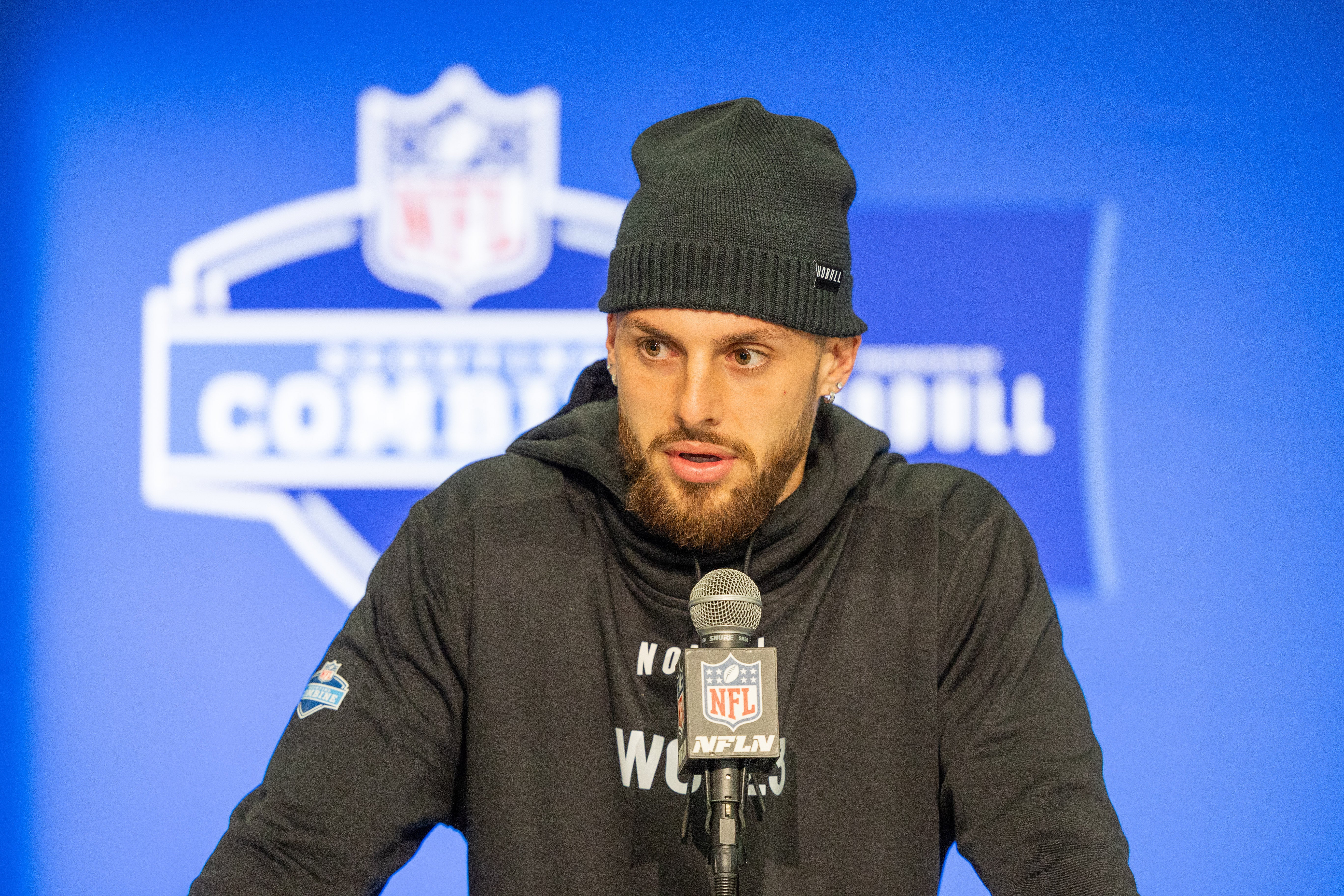 Mar 1, 2024; Indianapolis, IN, USA; Florida wide receiver Ricky Pearsall (WO23) talks to the media during the 2024 NFL Combine at Lucas Oil Stadium. Mandatory Credit: Trevor Ruszkowski-USA TODAY Sports