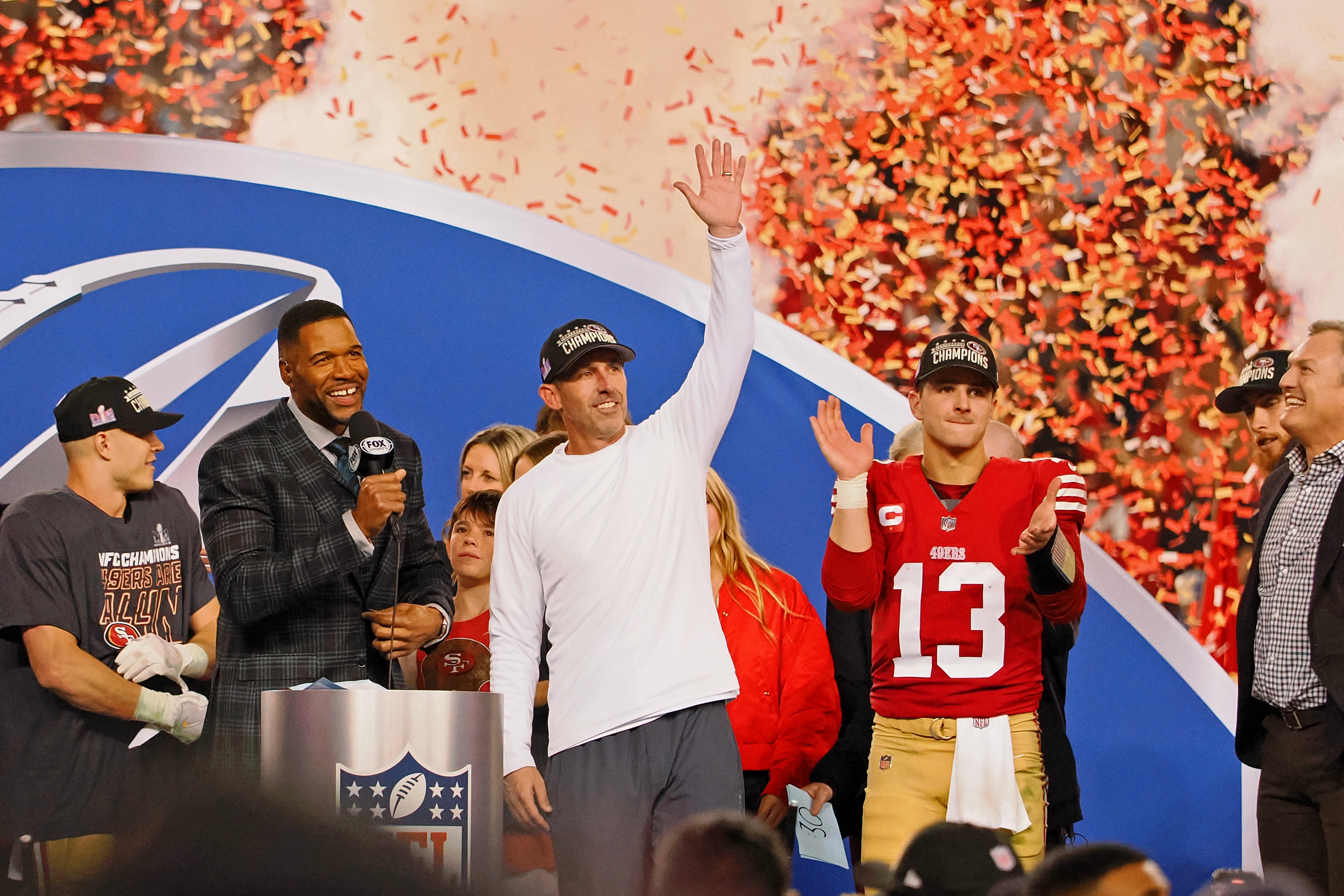 Jan 28, 2024; Santa Clara, California, USA; San Francisco 49ers head coach Kyle Shanahan waves to fans after winning the NFC Championship football game against the Detroit Lions at Levi's Stadium.