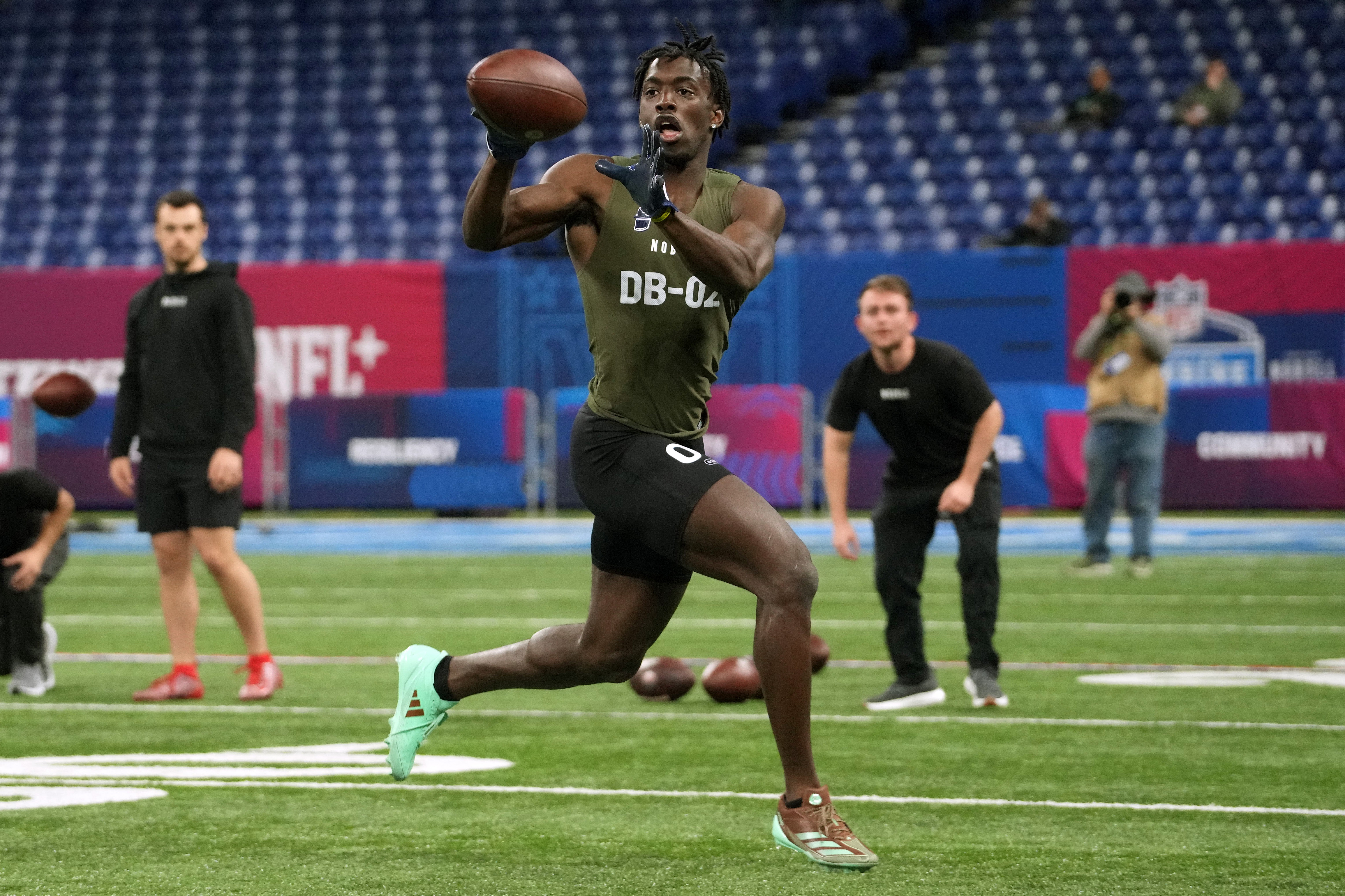 Mar 1, 2024; Indianapolis, IN, USA; Alabama defensive back Terrion Arnold (DB02) works out during the 2024 NFL Combine at Lucas Oil Stadium.
