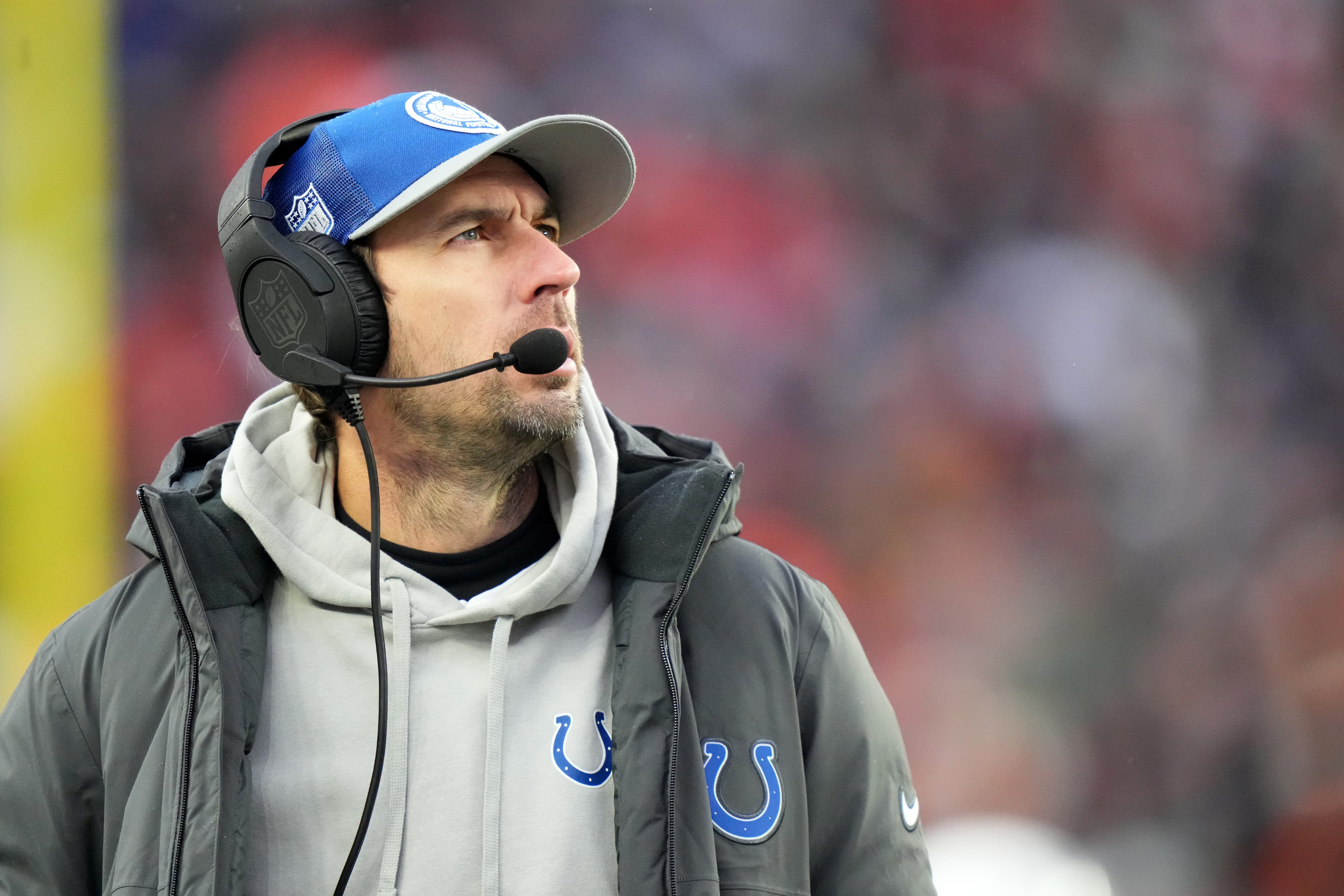 Indianapolis Colts head coach Shane Steichen looks up at the scoreboard in the fourth quarter during a Week 14 NFL game between the Indianapolis Colts and the Cincinnati Bengals, Sunday, Dec. 10, 2023, at Paycor Stadium in Cincinnati.