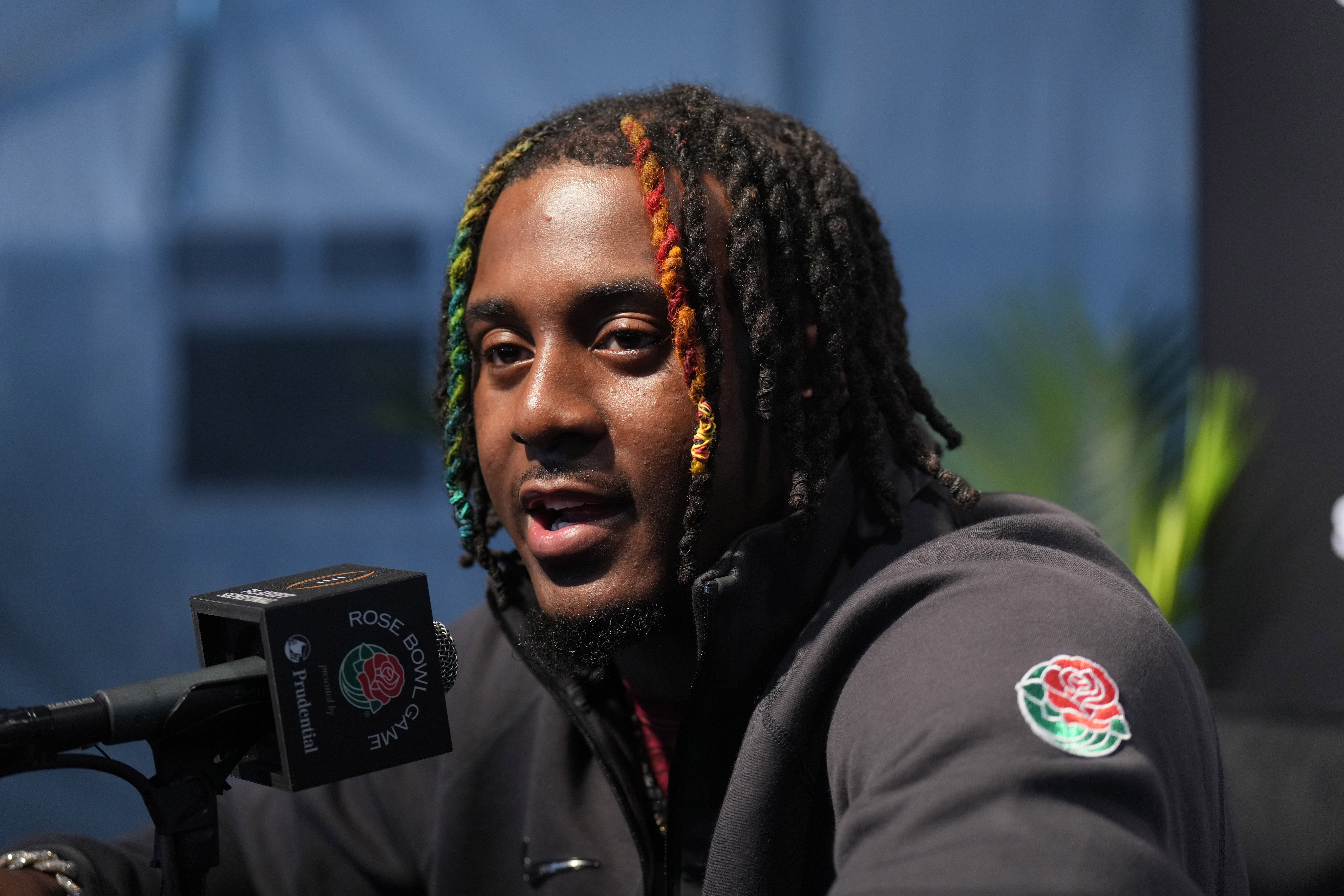 Dec 30, 2023; Pasadena, CA, USA; Alabama Crimson Tide defensive back Kool-Aid McKinstry during Rose Bowl media day at Rose Bowl Stadium.