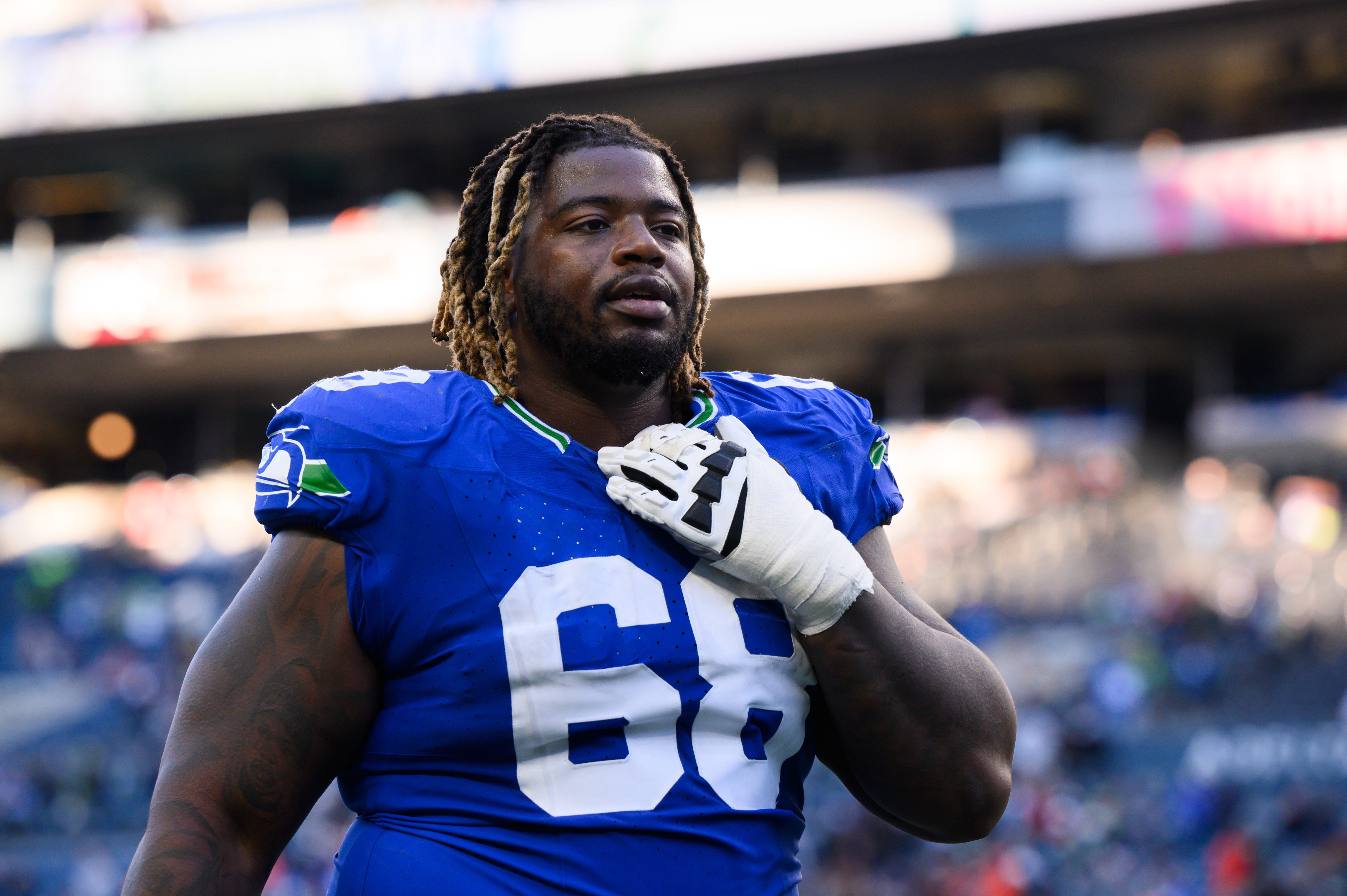Oct 29, 2023; Seattle, Washington, USA; Seattle Seahawks guard Damien Lewis (68) after the game against the Cleveland Browns at Lumen Field. Mandatory Credit: Steven Bisig-USA TODAY Sports