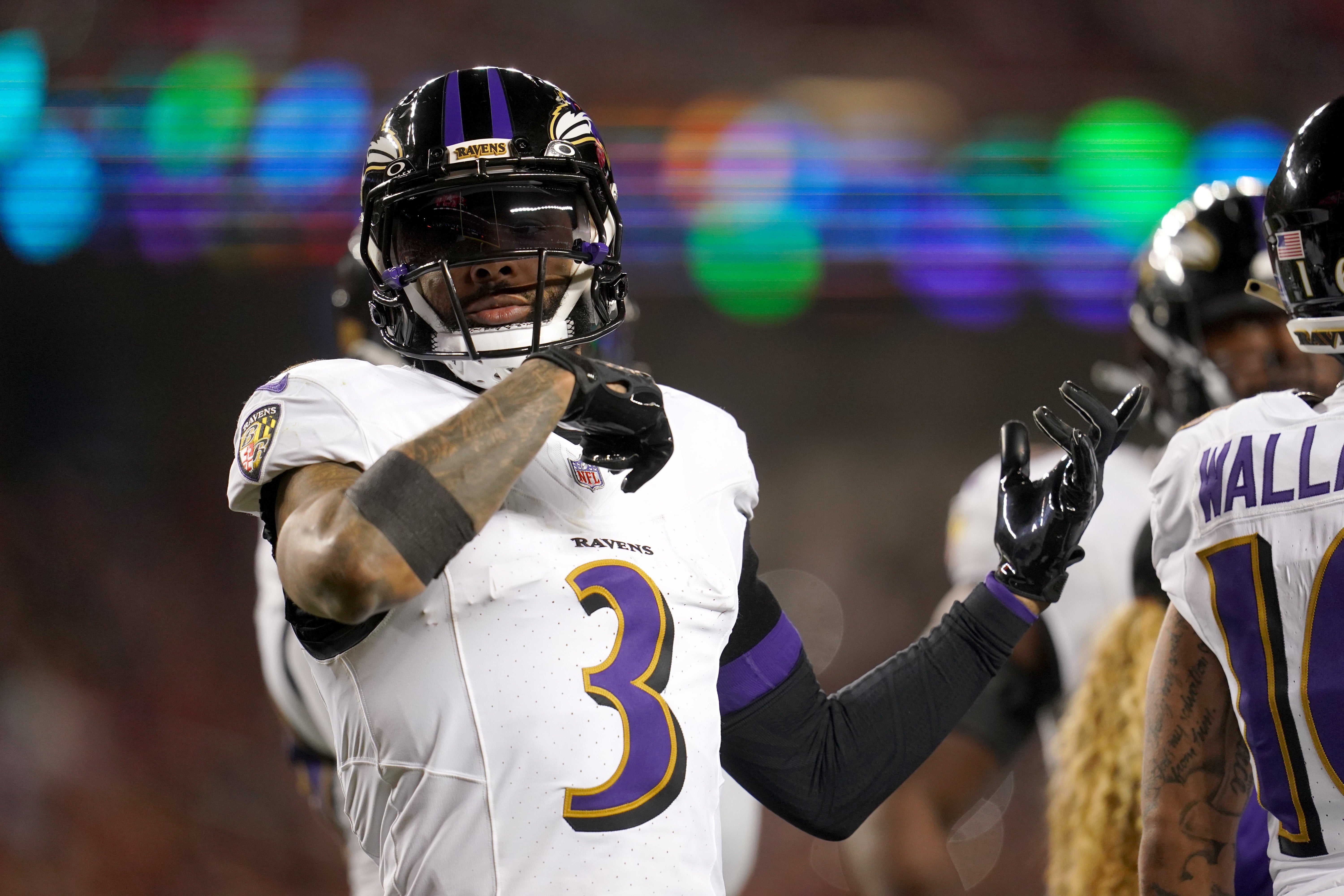 Dec 25, 2023; Santa Clara, California, USA; Baltimore Ravens wide receiver Odell Beckham Jr. (3) reacts against the San Francisco 49ers in the third quarter at Levi's Stadium.
