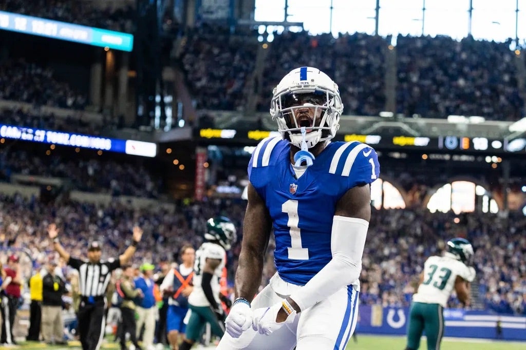 Indianapolis Colts wide receiver Parris Campbell (1) celebrates his catch in the second half against the Philadelphia Eagles at Lucas Oil Stadium.