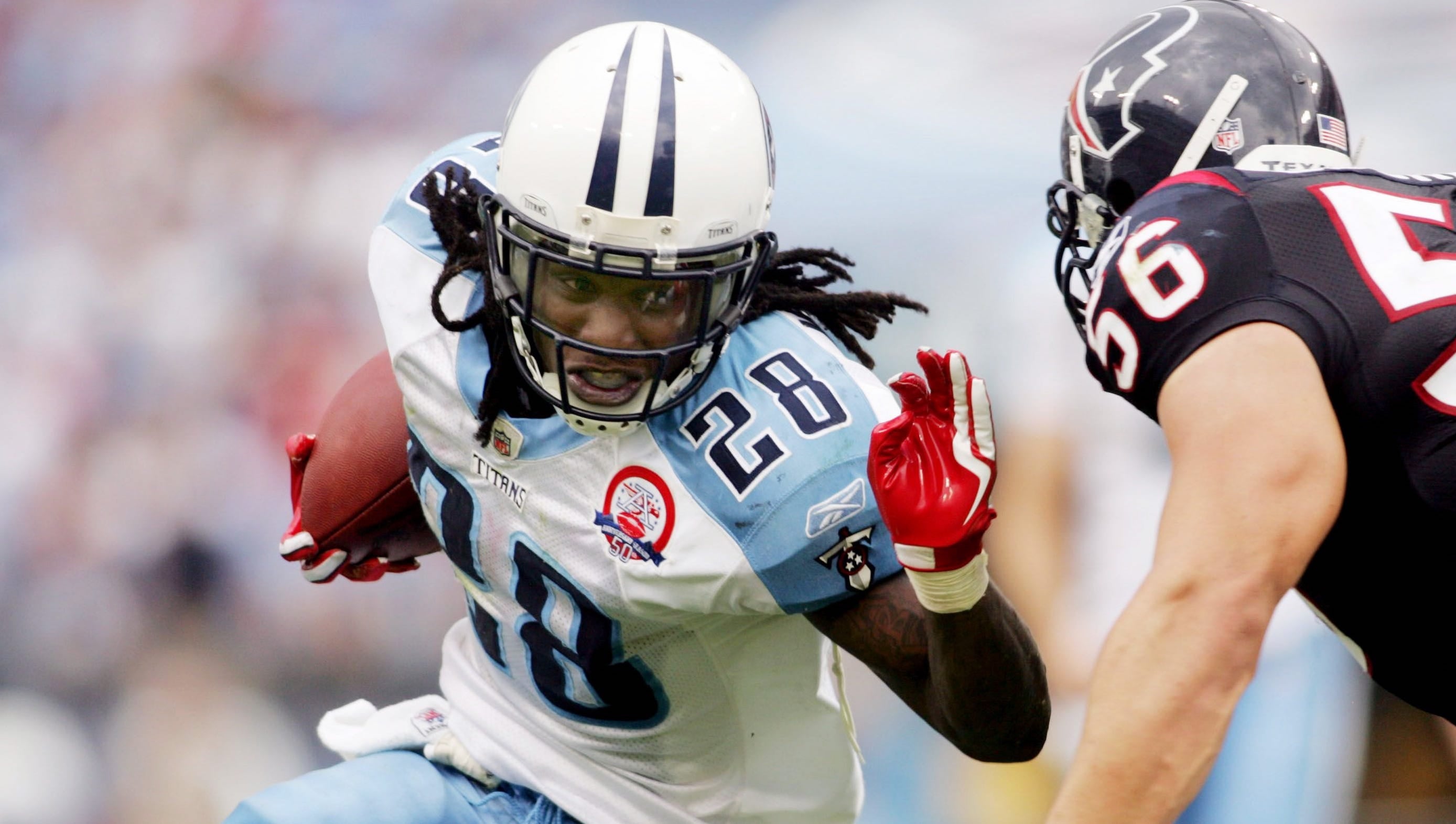28 Chris Johnson RB (How many Titans have worn the number: 12) Here, Tennessee Titans running back Johnson (28) ran for some of his career-high 284 yards in a loss to the Houston Texans at LP Field Se... Sanford Myers / The Tennessean-Imagn Content Services, LLC