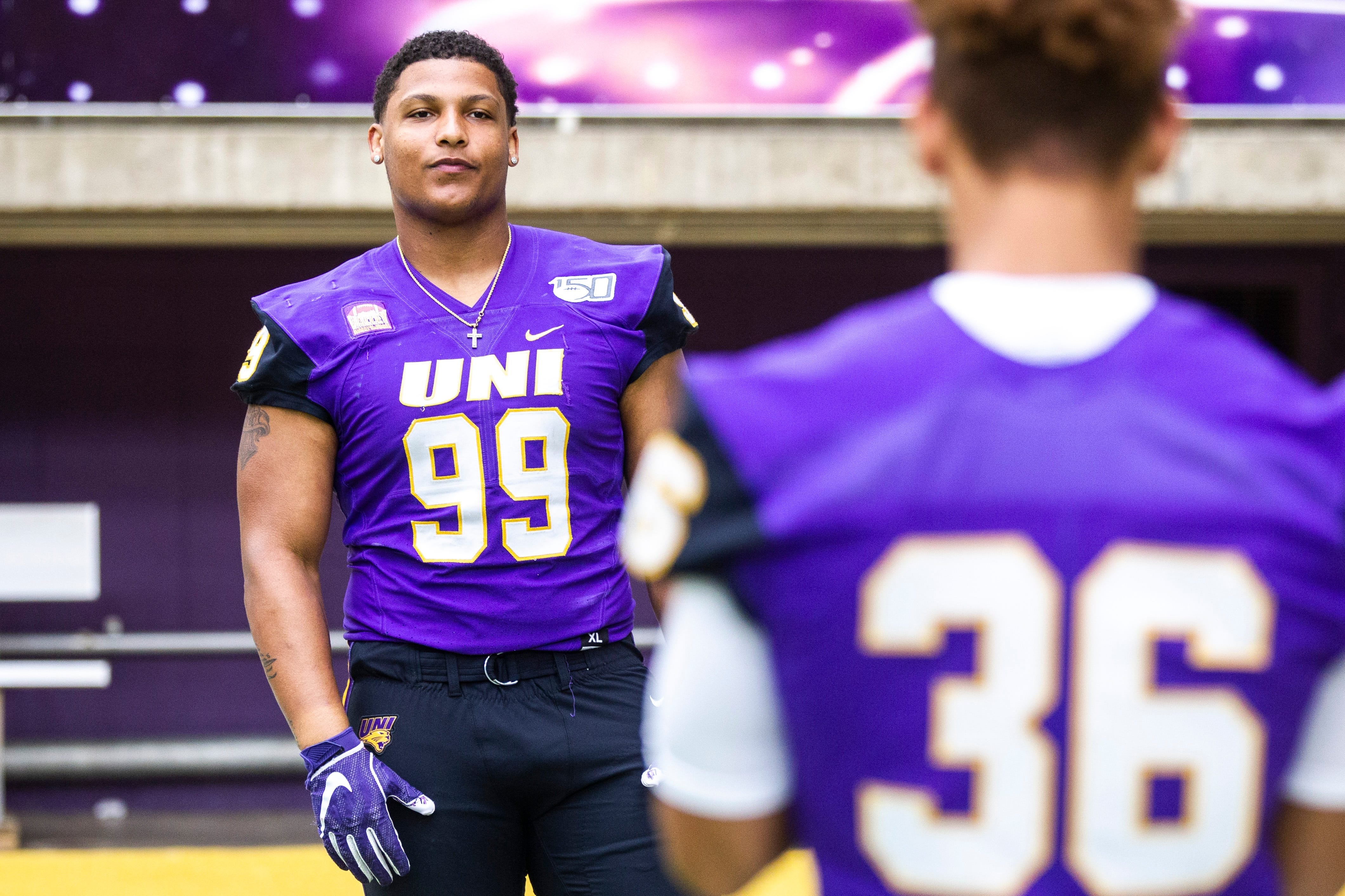 Northern Iowa defensive lineman Khristian Boyd (99) poses for a photo during the Panthers football media day, Wednesday, Aug. 7, 2019, at the UNI-Dome in Cedar Falls, Iowa. 190807 Northern Iowa