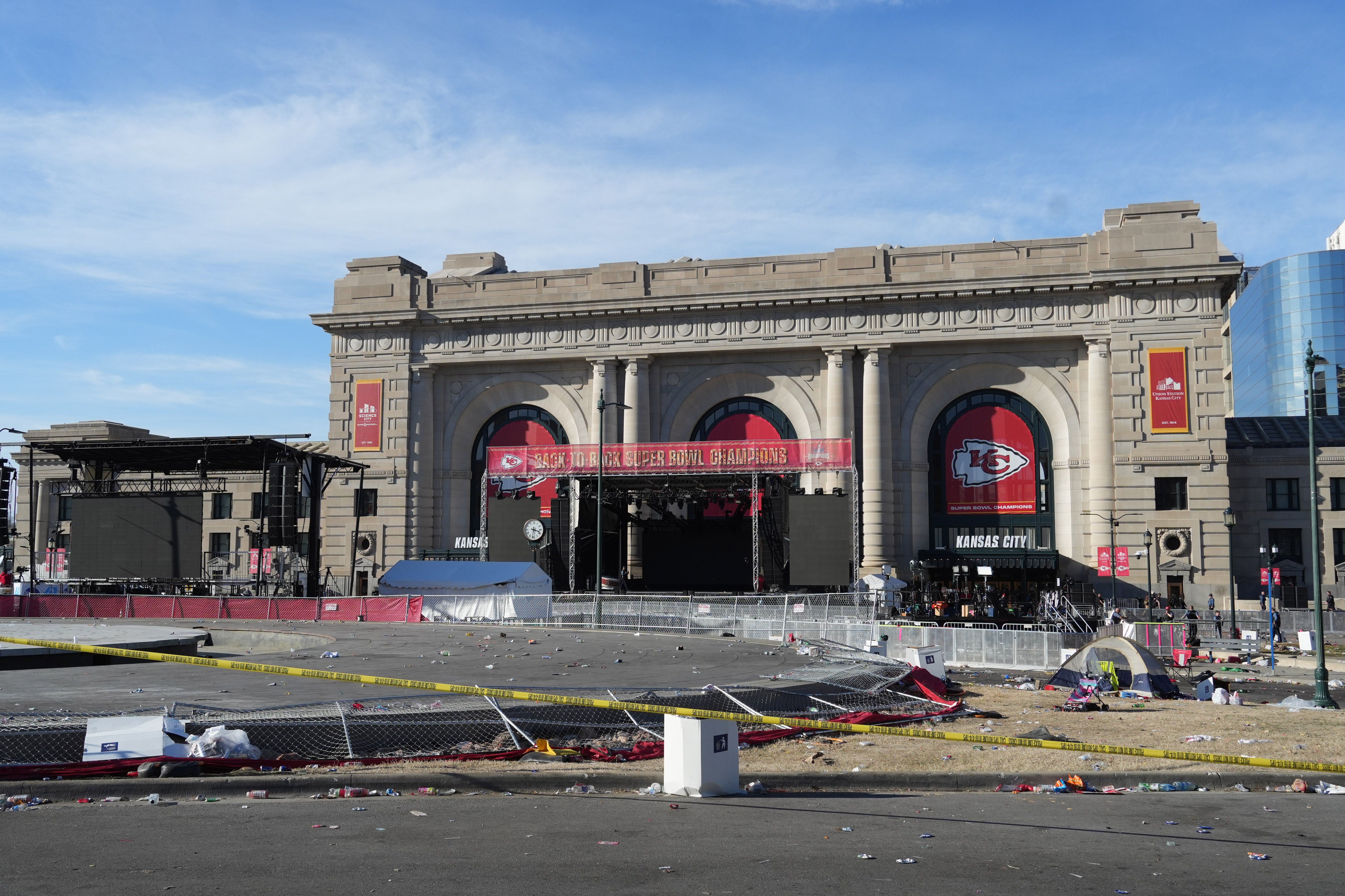 Feb 14, 2024; Kansas City, MO, USA; General view of the police barricade near Union Station after shots were fired after the celebration of the Kansas City Chiefs winning Super Bowl LVIII.